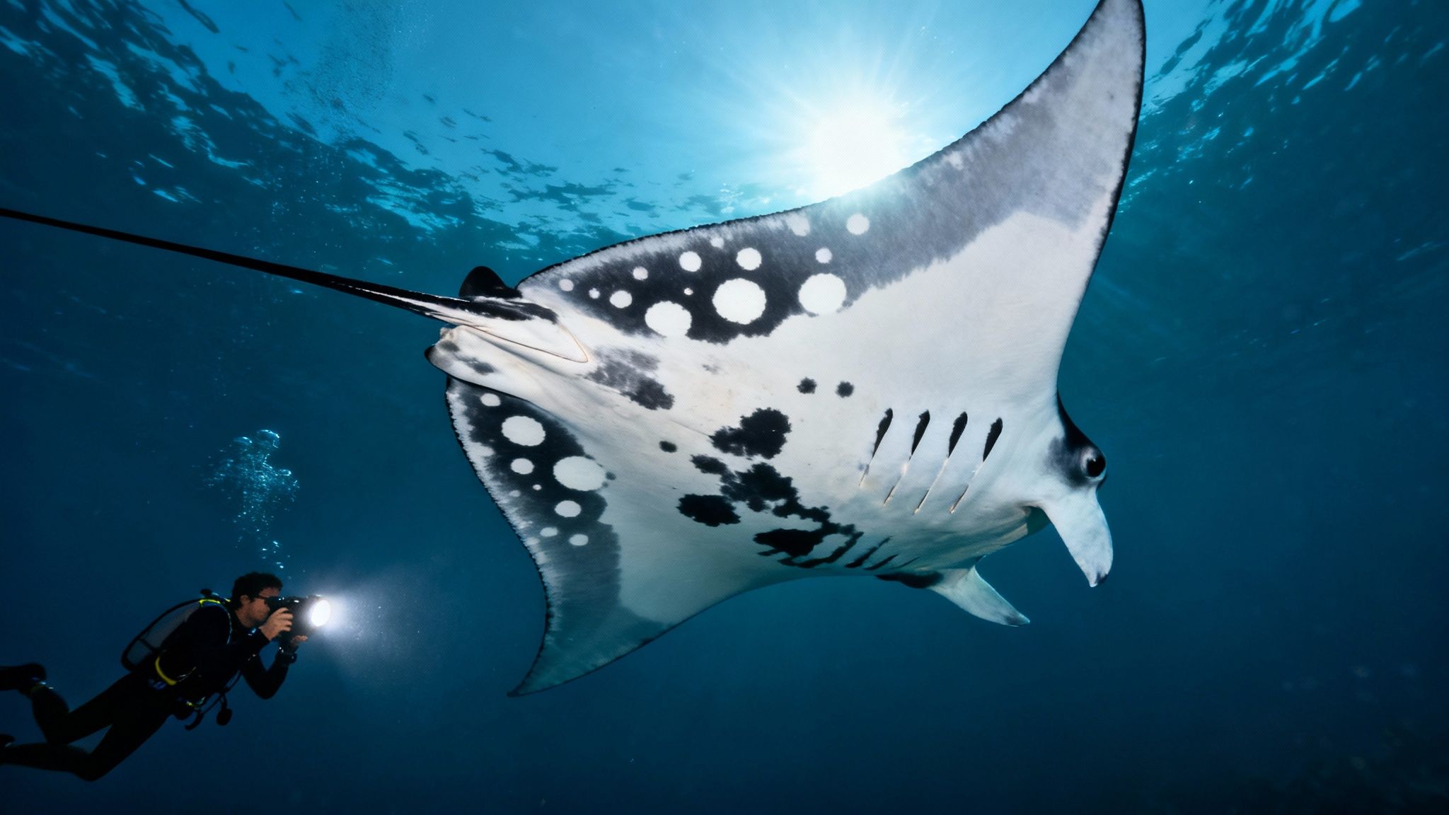 A diver photographs a majestic manta ray with a bright light, swimming underwater with sunlight filtering through.