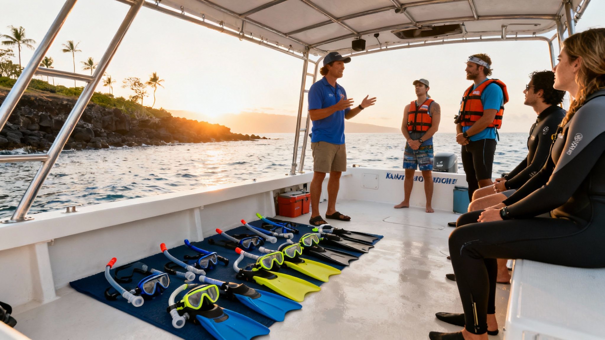 A guide speaks to a group on a snorkeling boat at sunset, with gear laid out.