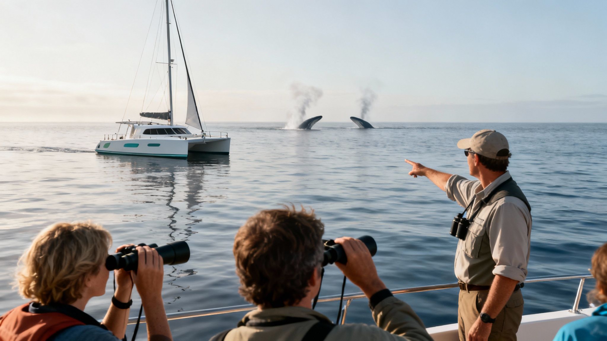 Excited tourists on a boat observe two whales spouting water in the open ocean.
