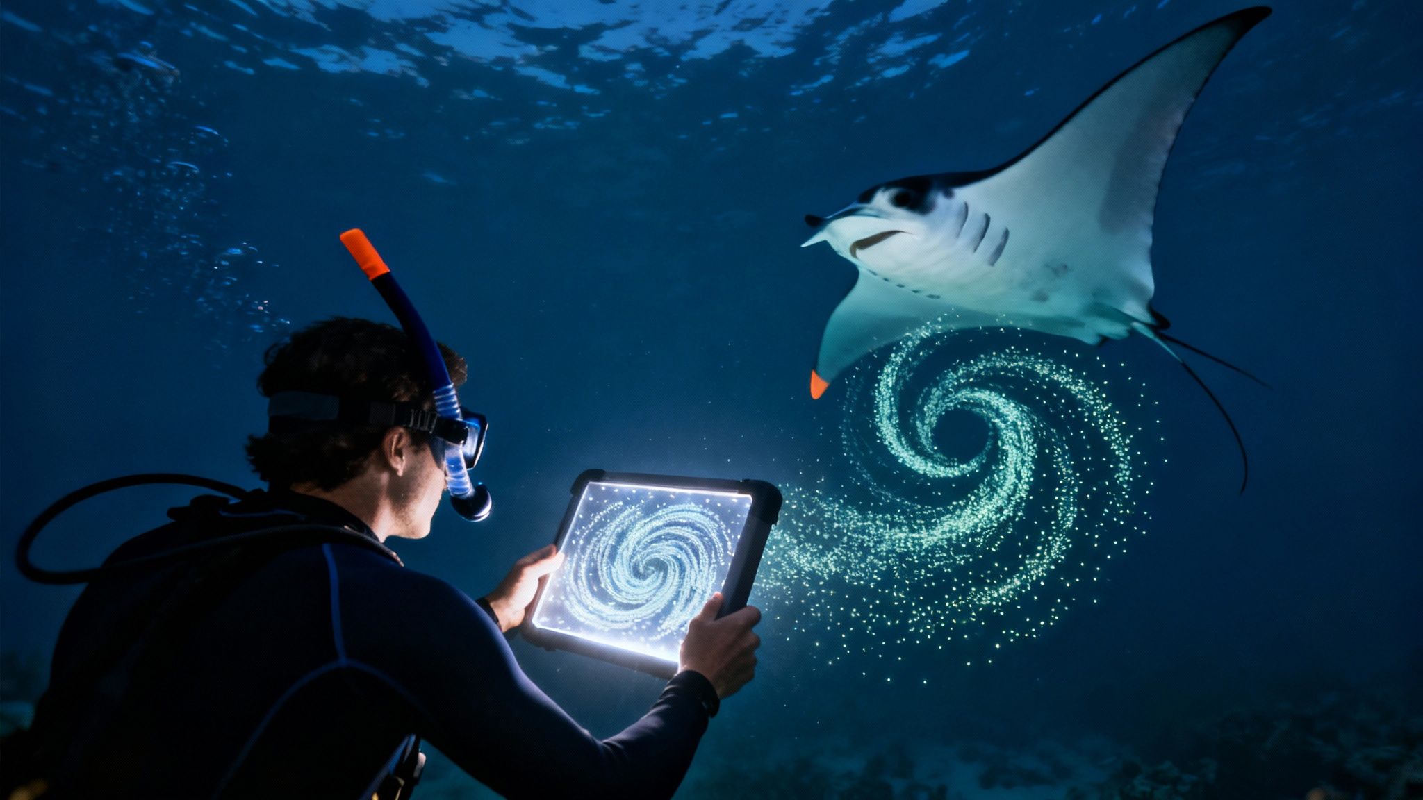 A diver underwater holds a glowing tablet displaying a spiral, attracting a manta ray.