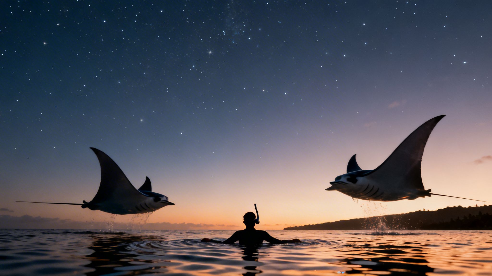 Silhouetted person snorkeling between two majestic manta rays jumping under a star-filled evening sky.