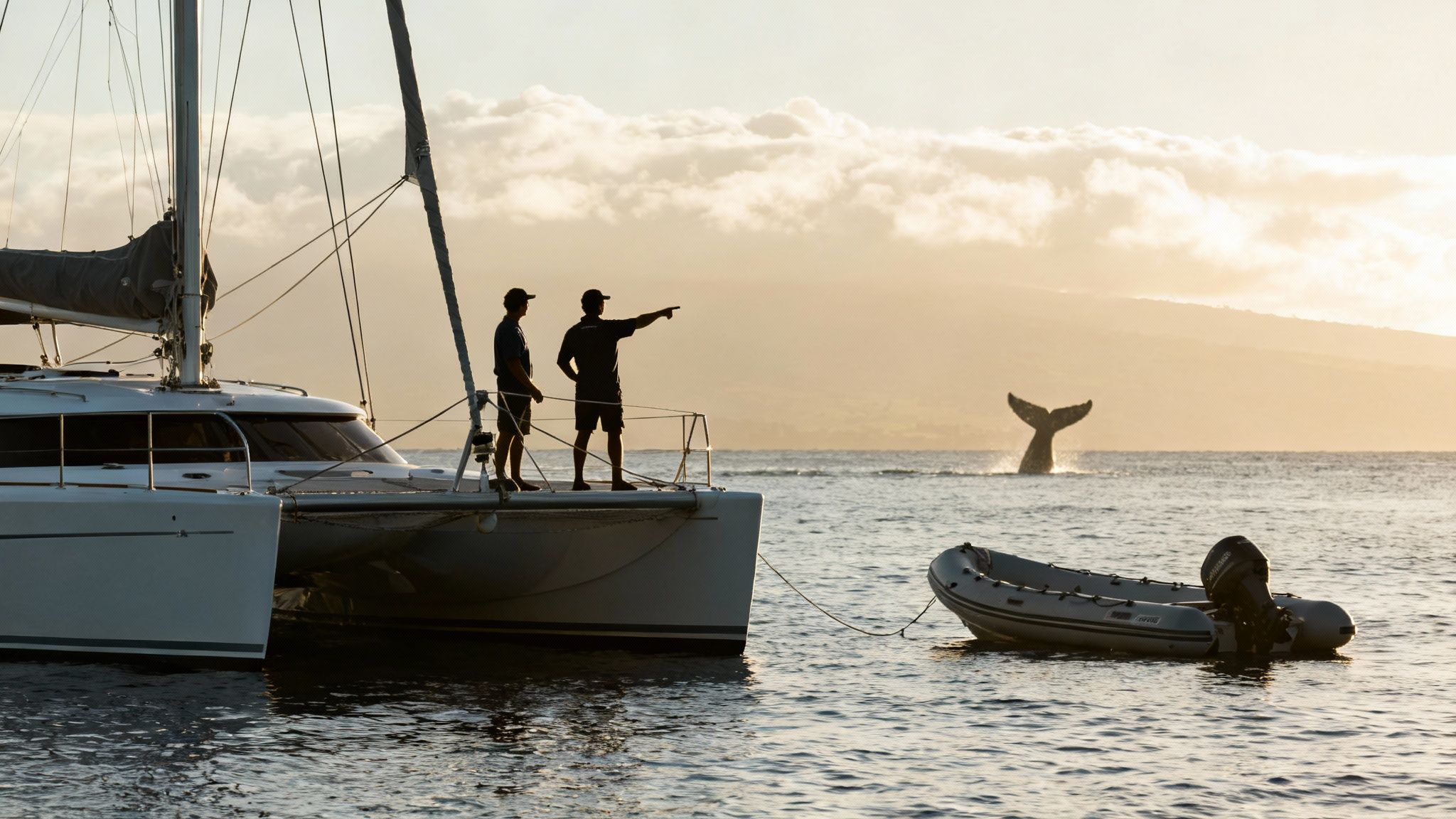 A small whale watching boat gets an up-close view of a breaching humpback on the Big Island.