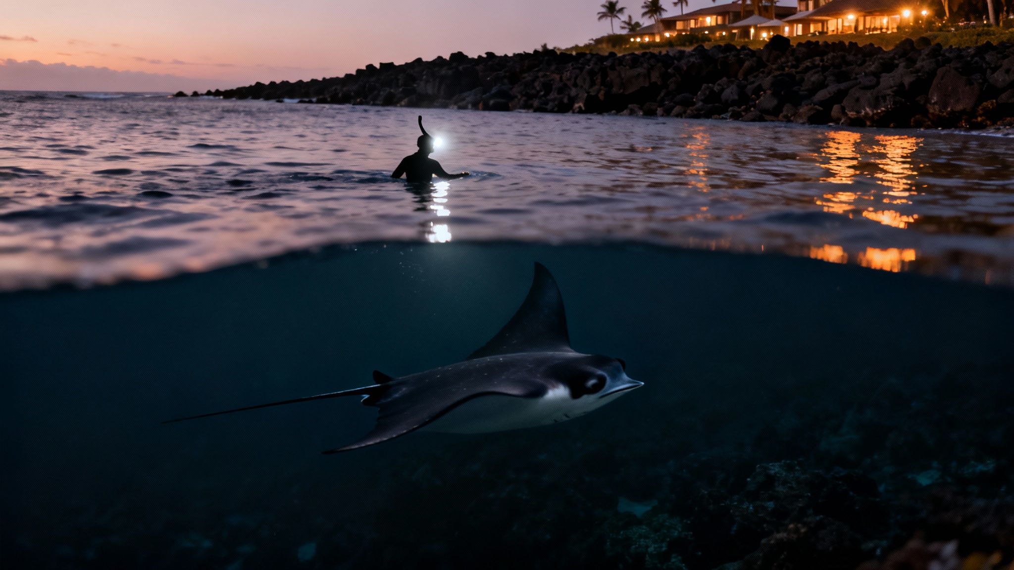 A diver with a headlamp on the surface and a manta ray swimming underwater at twilight.