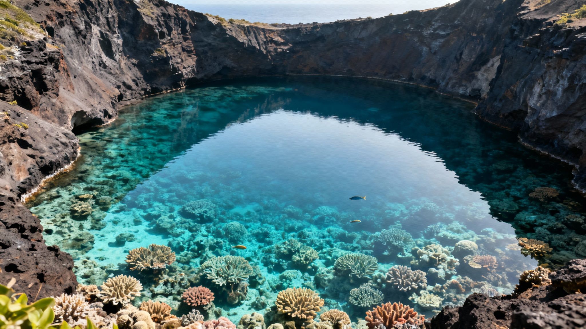 A vibrant underwater scene in Kealakekua Bay with coral reefs and schools of tropical fish.