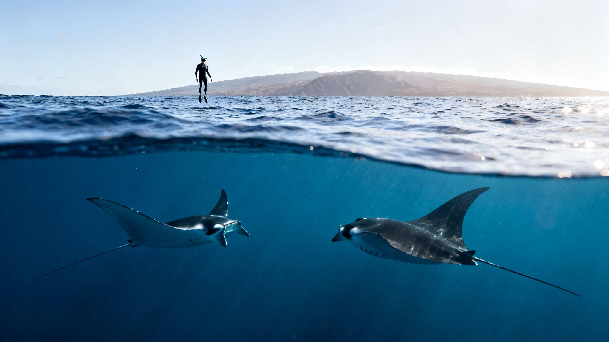 A diver above water views two majestic manta rays swimming below in a clear blue ocean.