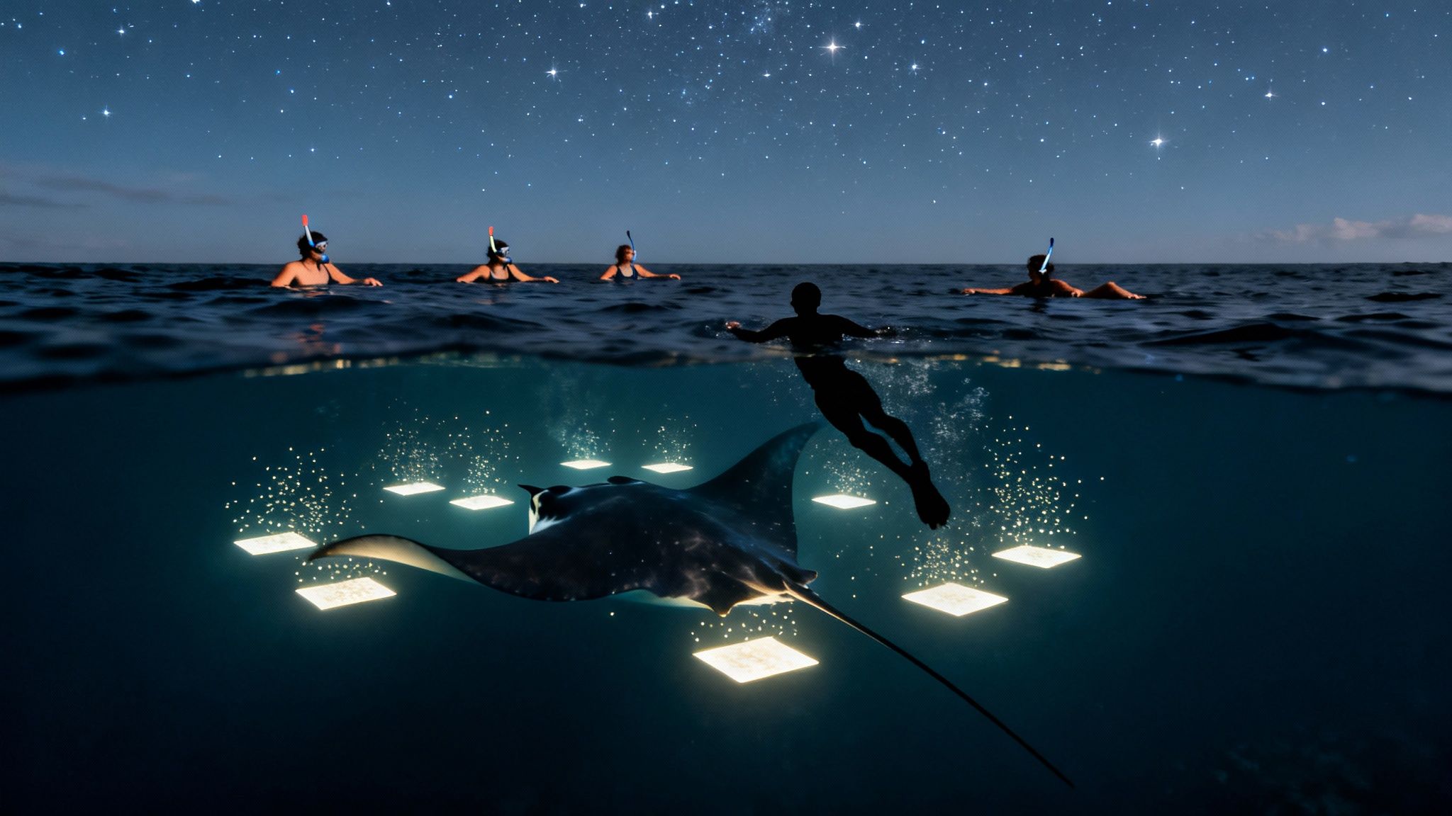 People night snorkeling under a starry sky with a manta ray and glowing lights underwater.