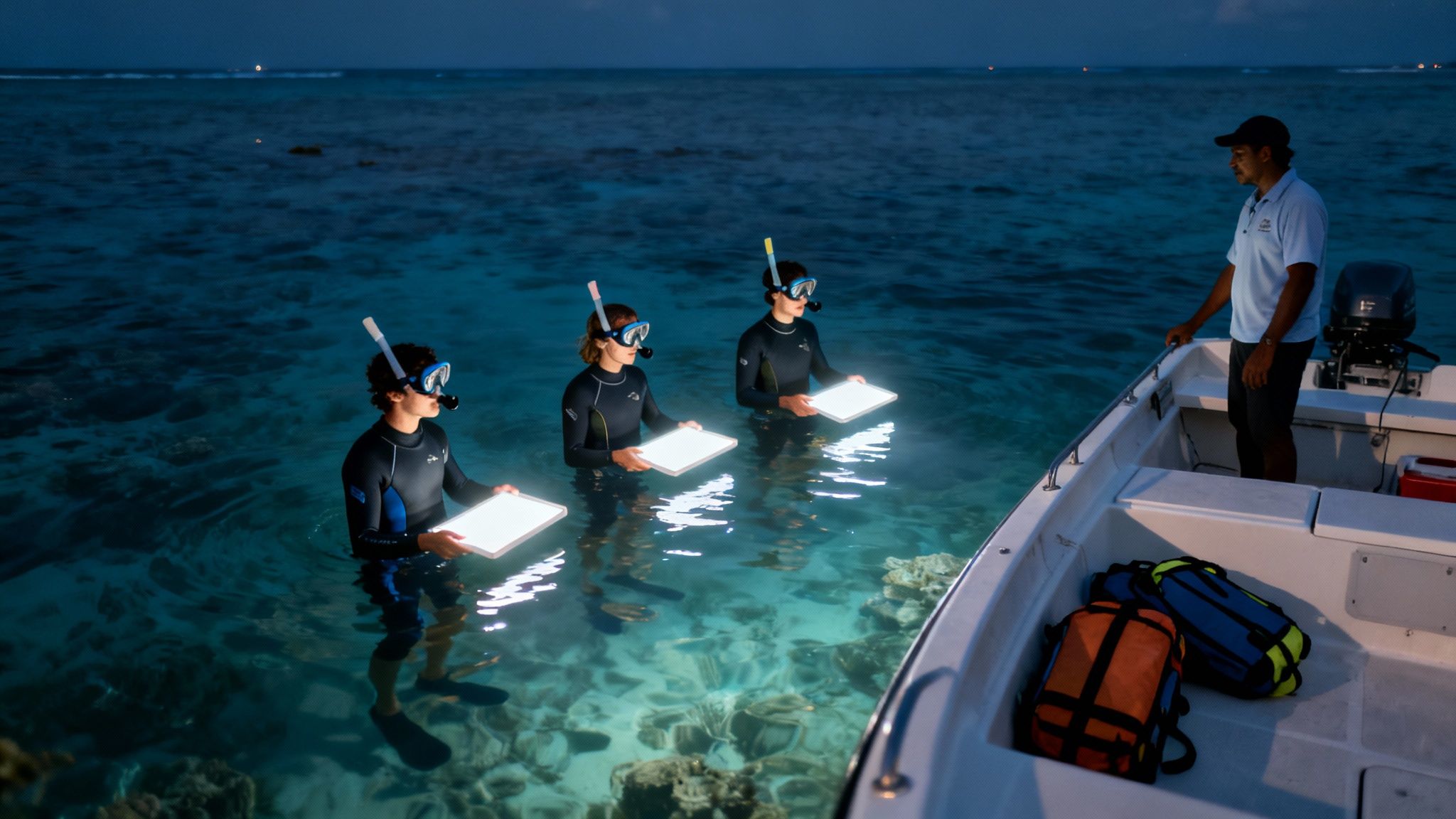 A group of snorkelers holding onto a light board, watching manta rays below