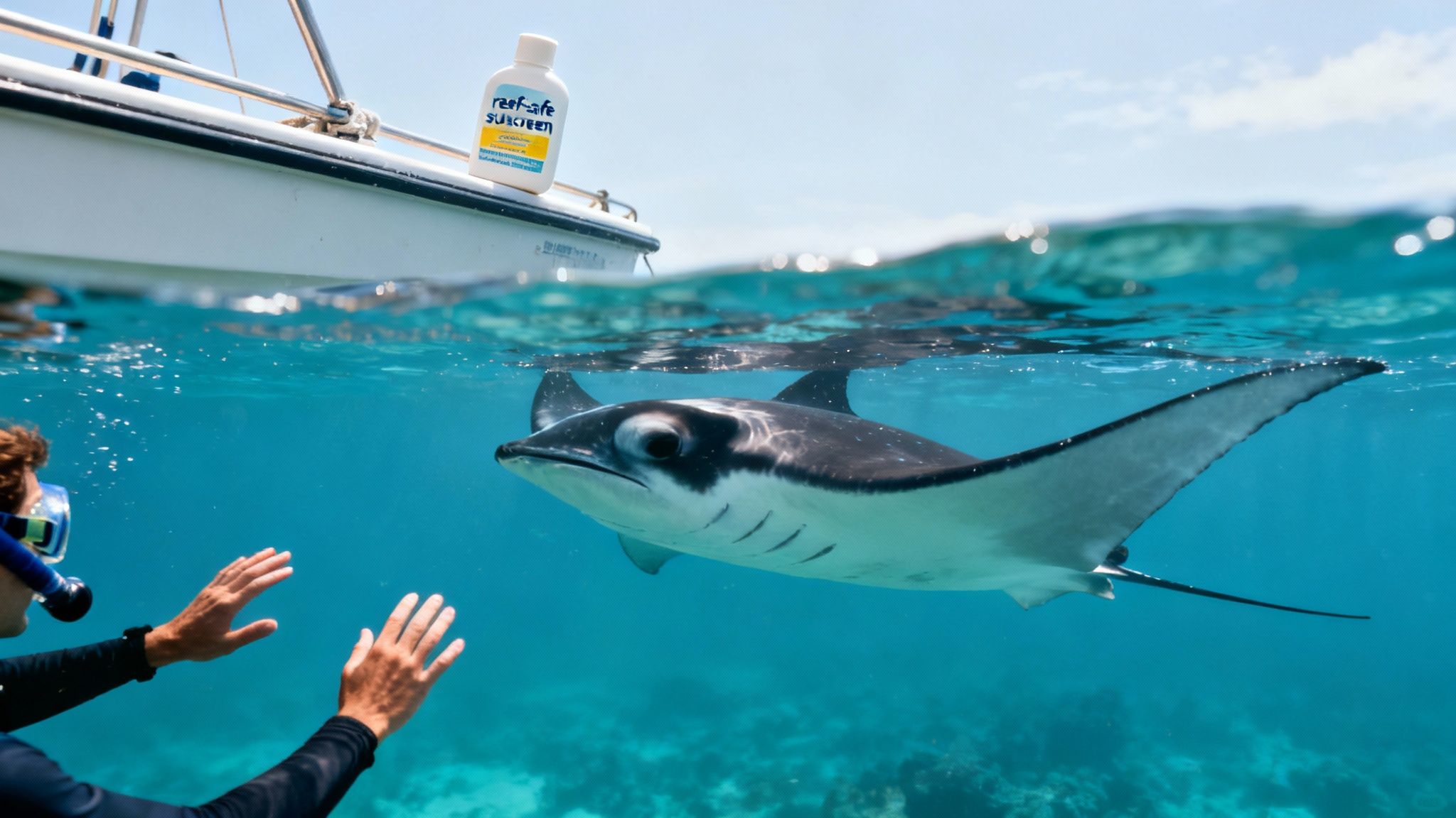 A manta ray gracefully swims near a group of snorkelers at night.