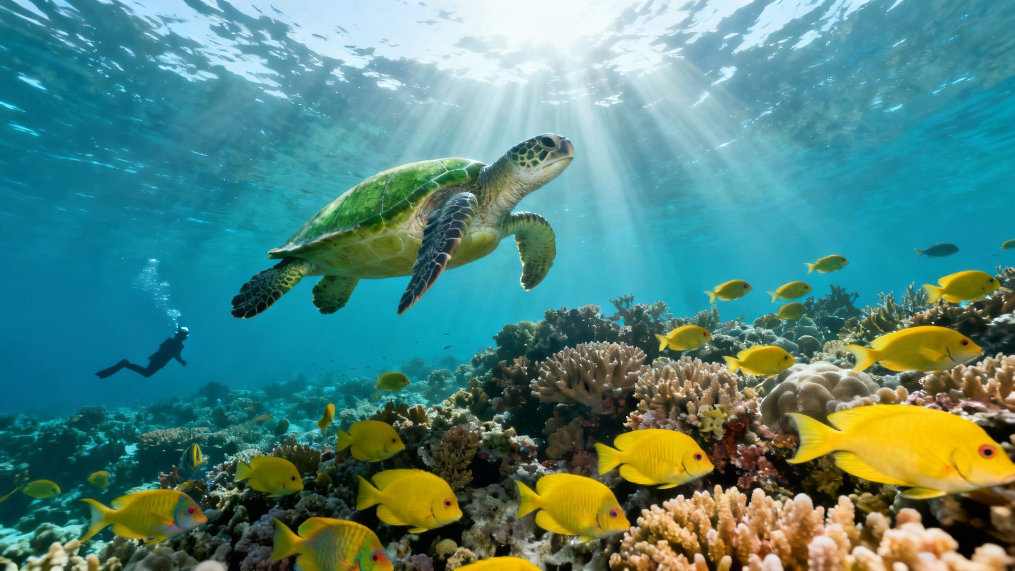 A vibrant underwater scene with a green sea turtle, a diver, colorful coral reef, and many yellow fish.