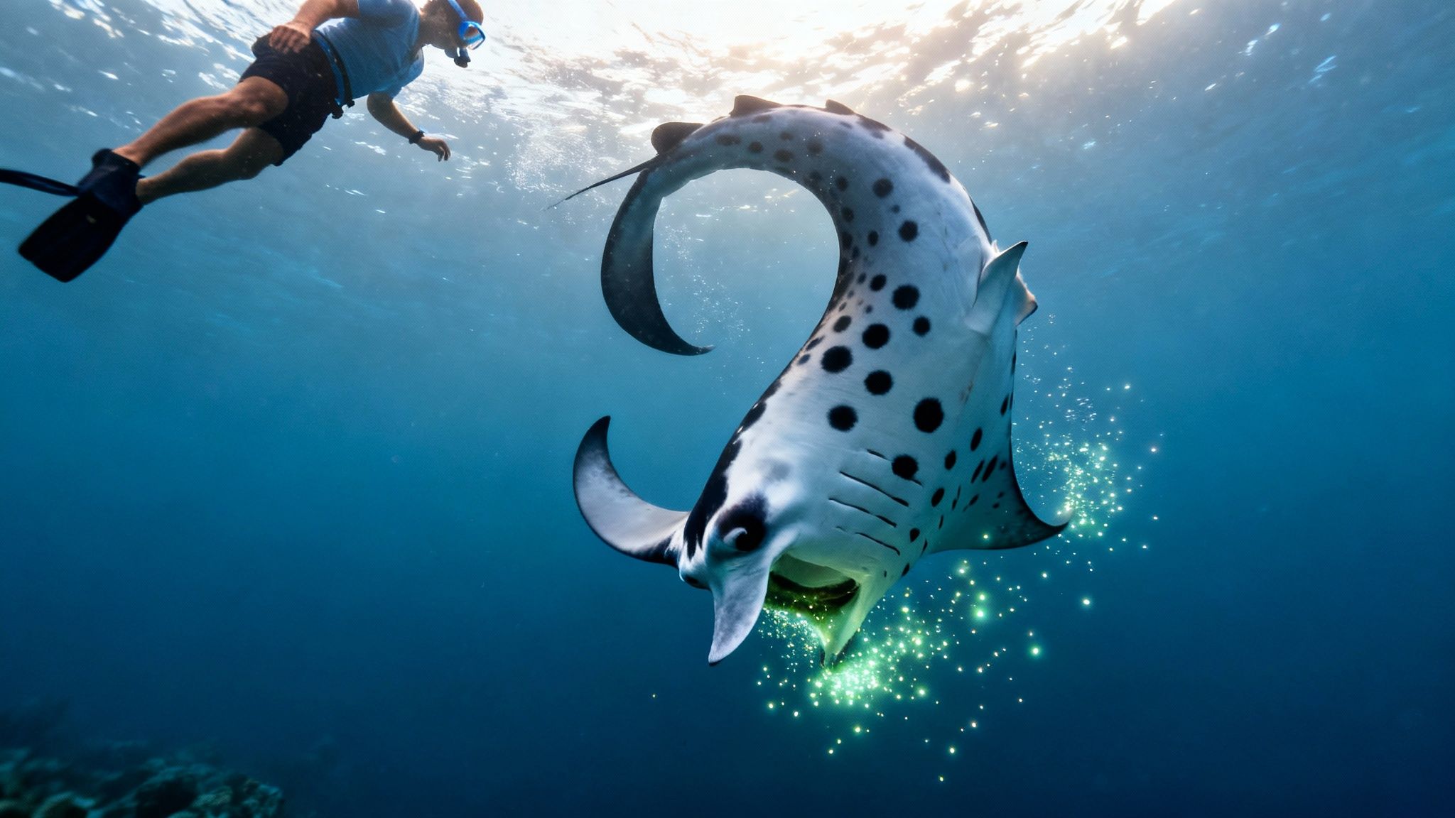 A snorkeler swims with a majestic manta ray at night, illuminated by glowing plankton.