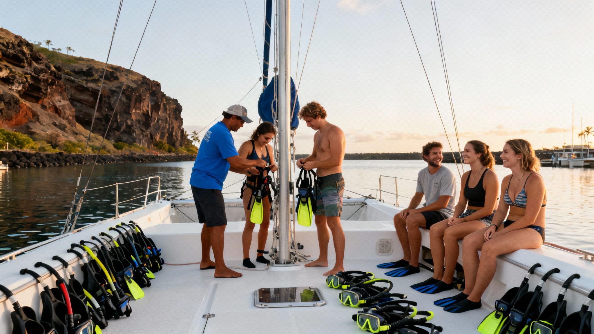 A group of people on a catamaran preparing for a snorkel tour in a scenic bay.