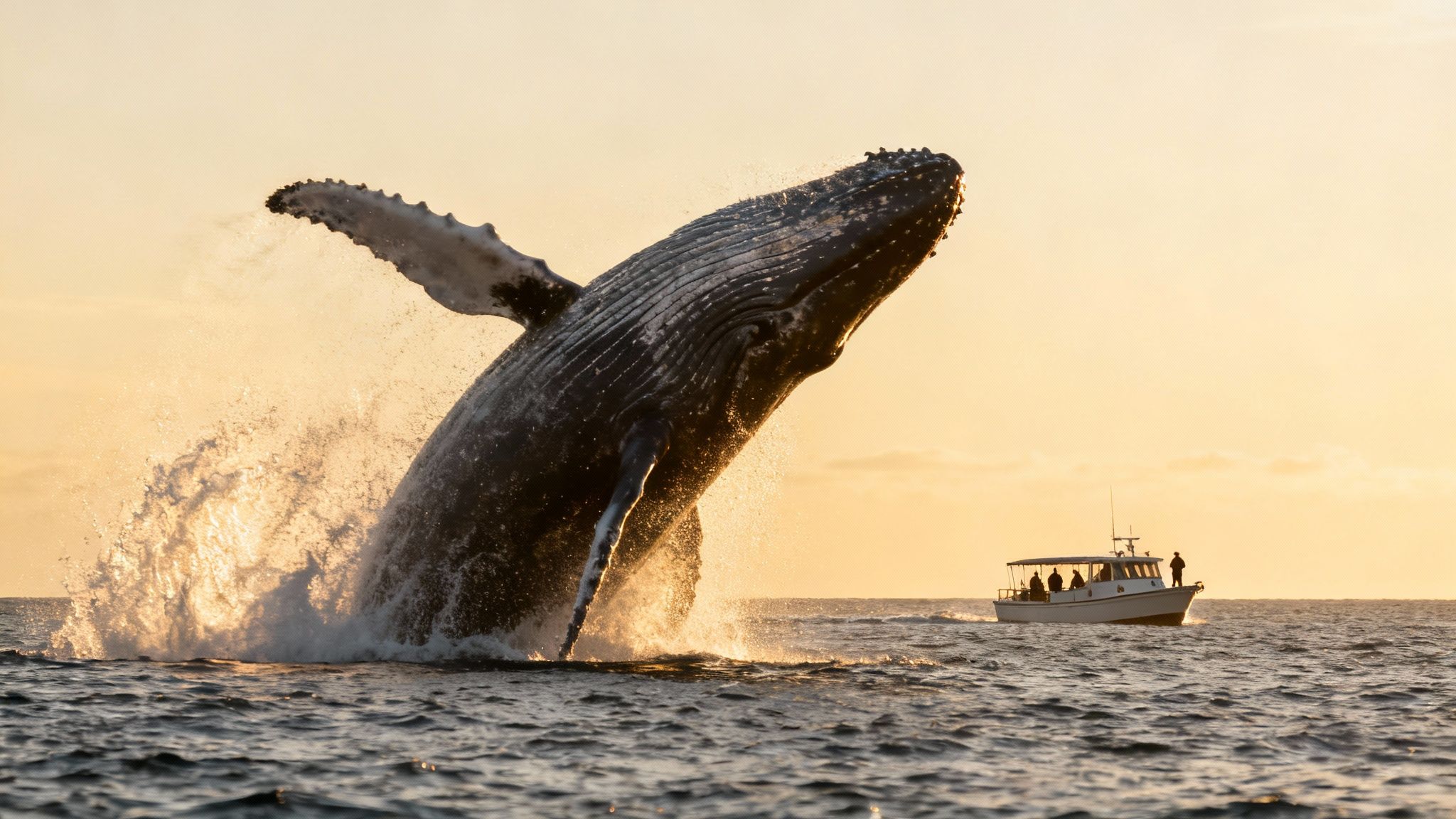 A majestic humpback whale breaches spectacularly from the golden ocean, observed by a nearby boat.