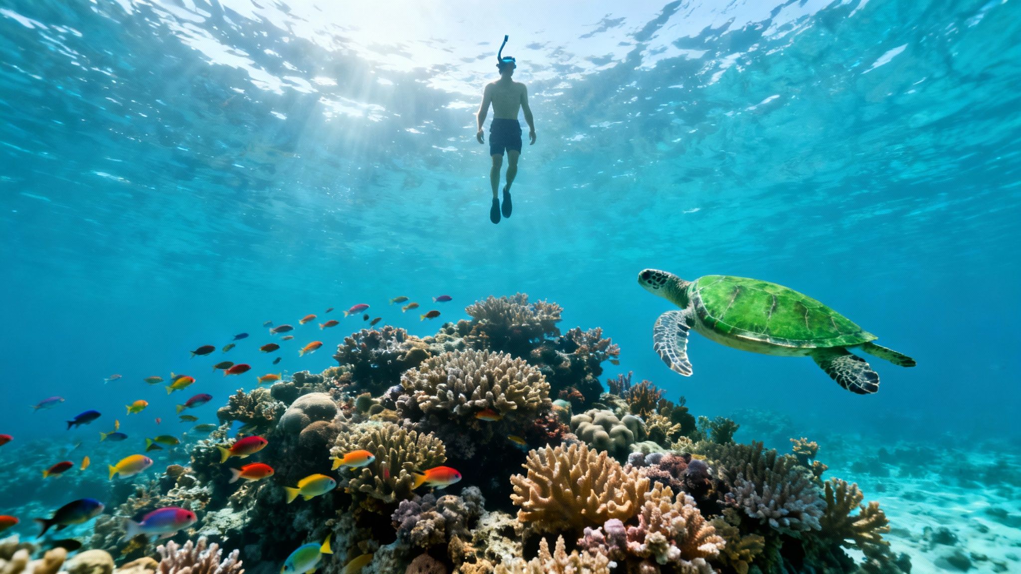 A person snorkels above a vibrant coral reef, observing a green sea turtle and colorful fish.
