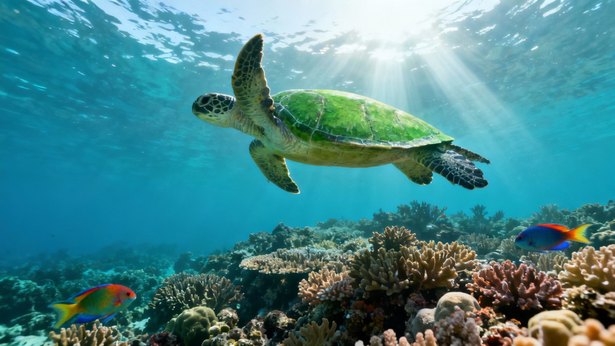 Vibrant coral reef teeming with colorful fish in the crystal-clear waters of Kealakekua Bay.