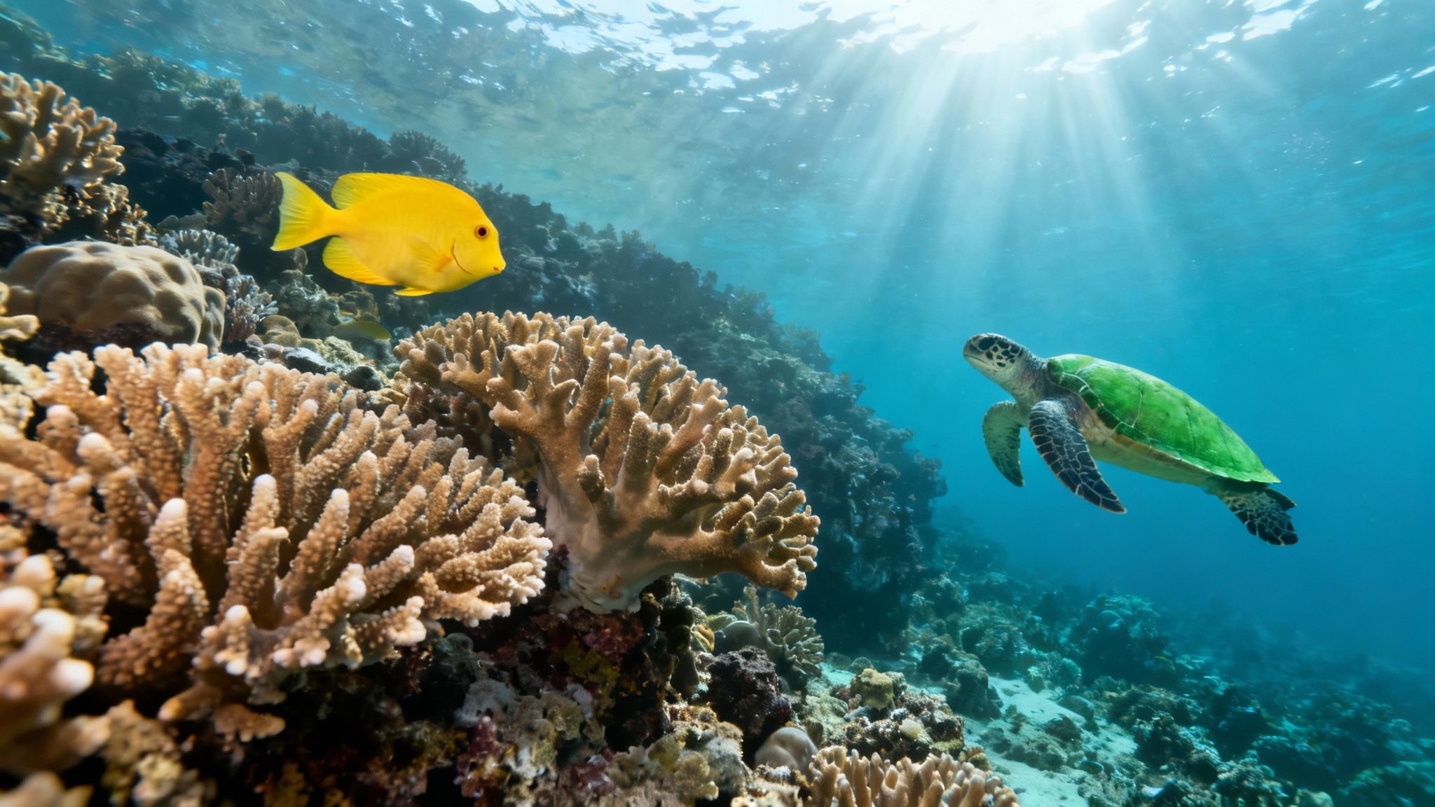 Colorful reef fish swimming over healthy coral in Kealakekua Bay.