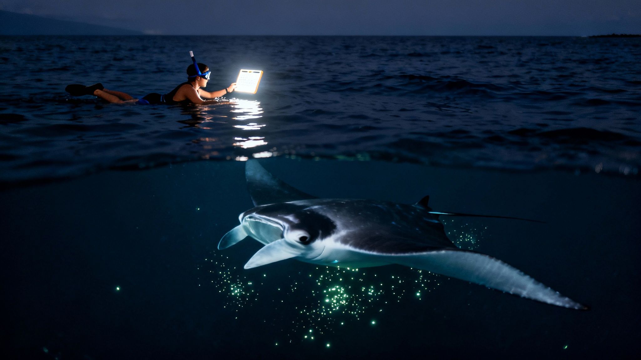 A person snorkeling at night, observing a manta ray illuminated by a light source in dark water.