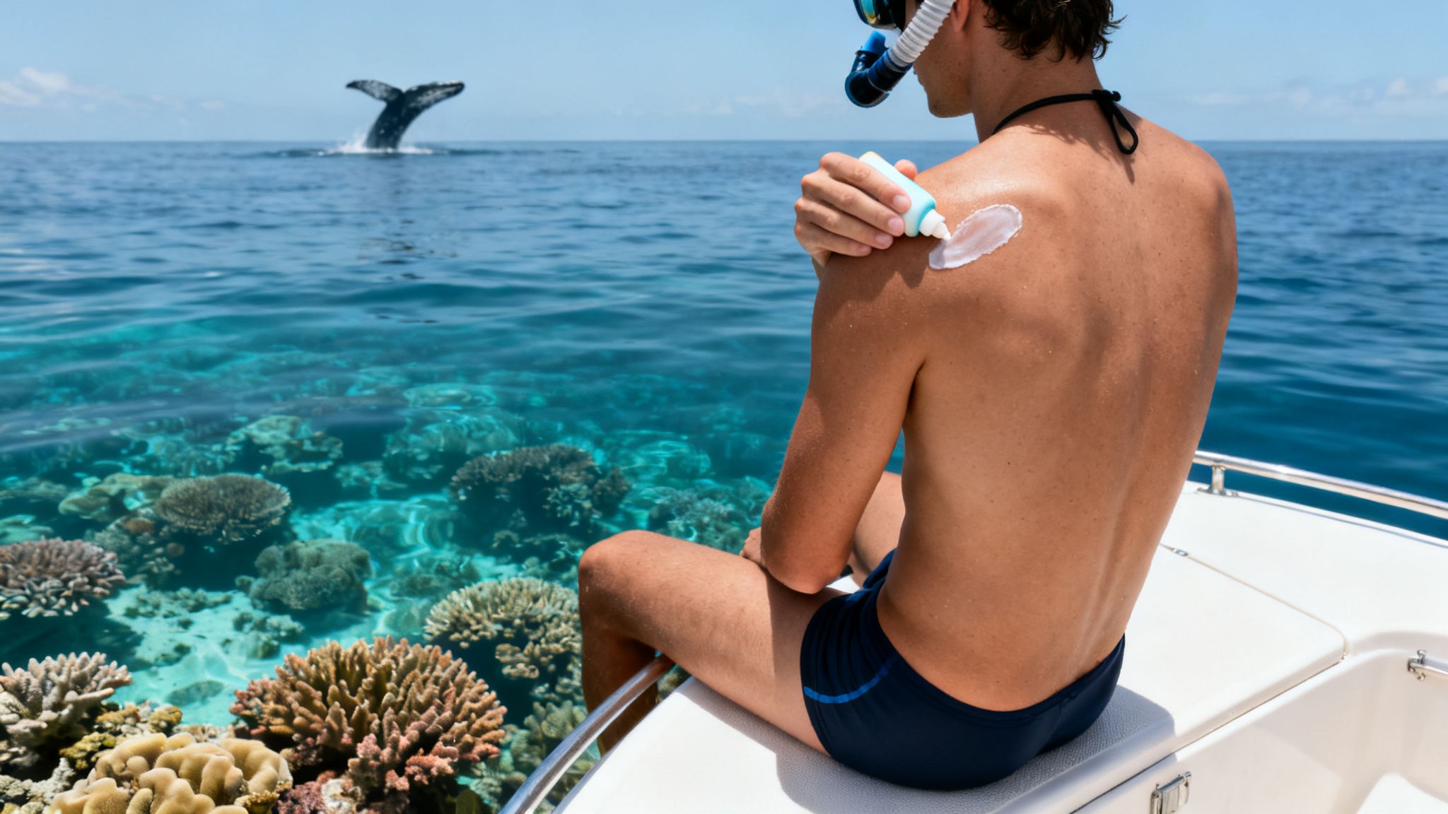 Man applies sunscreen on a boat, with a whale's tail breaching and coral reefs visible underwater.