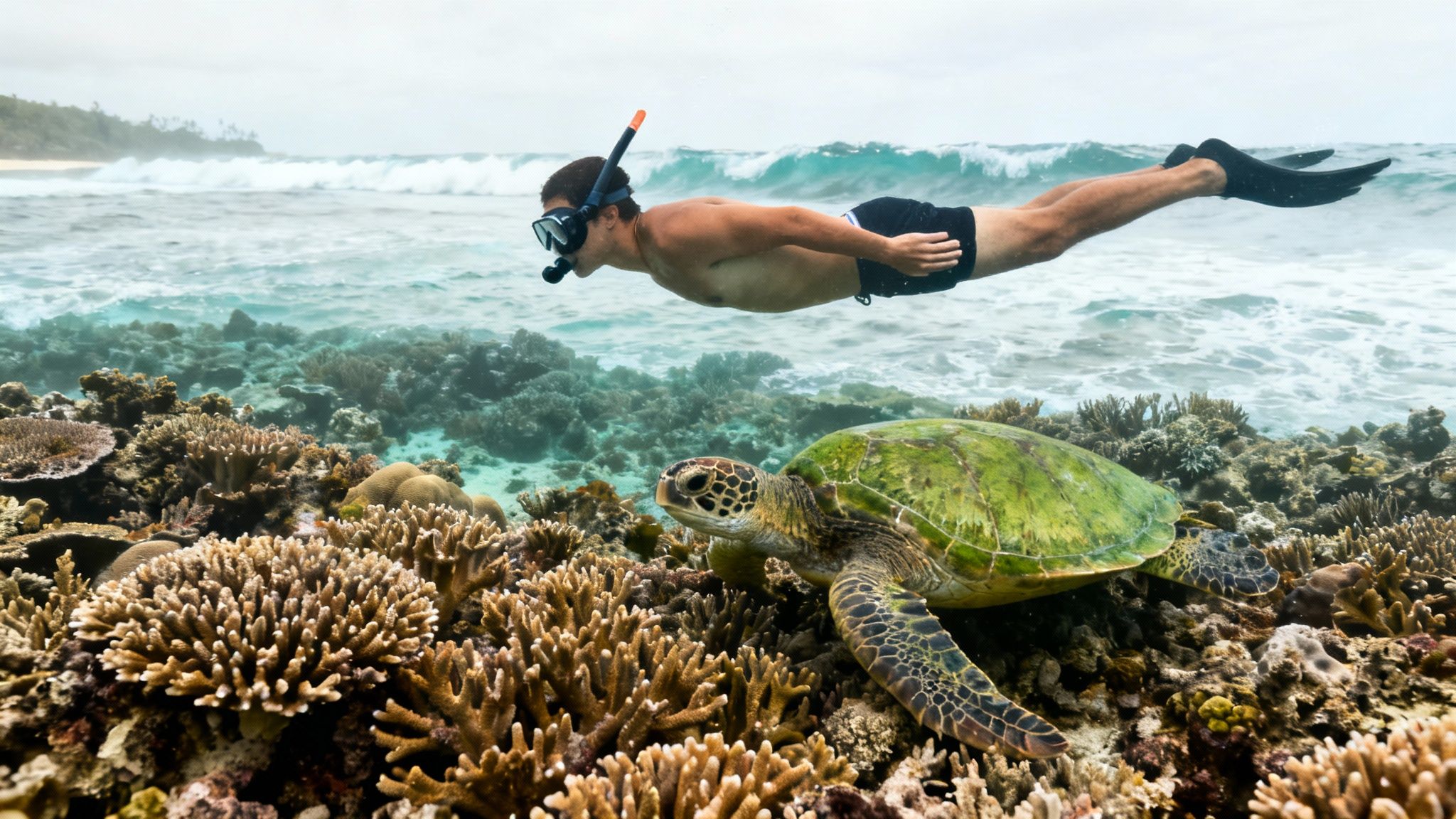 A man in snorkel gear swims above a vibrant coral reef, observing a green sea turtle.