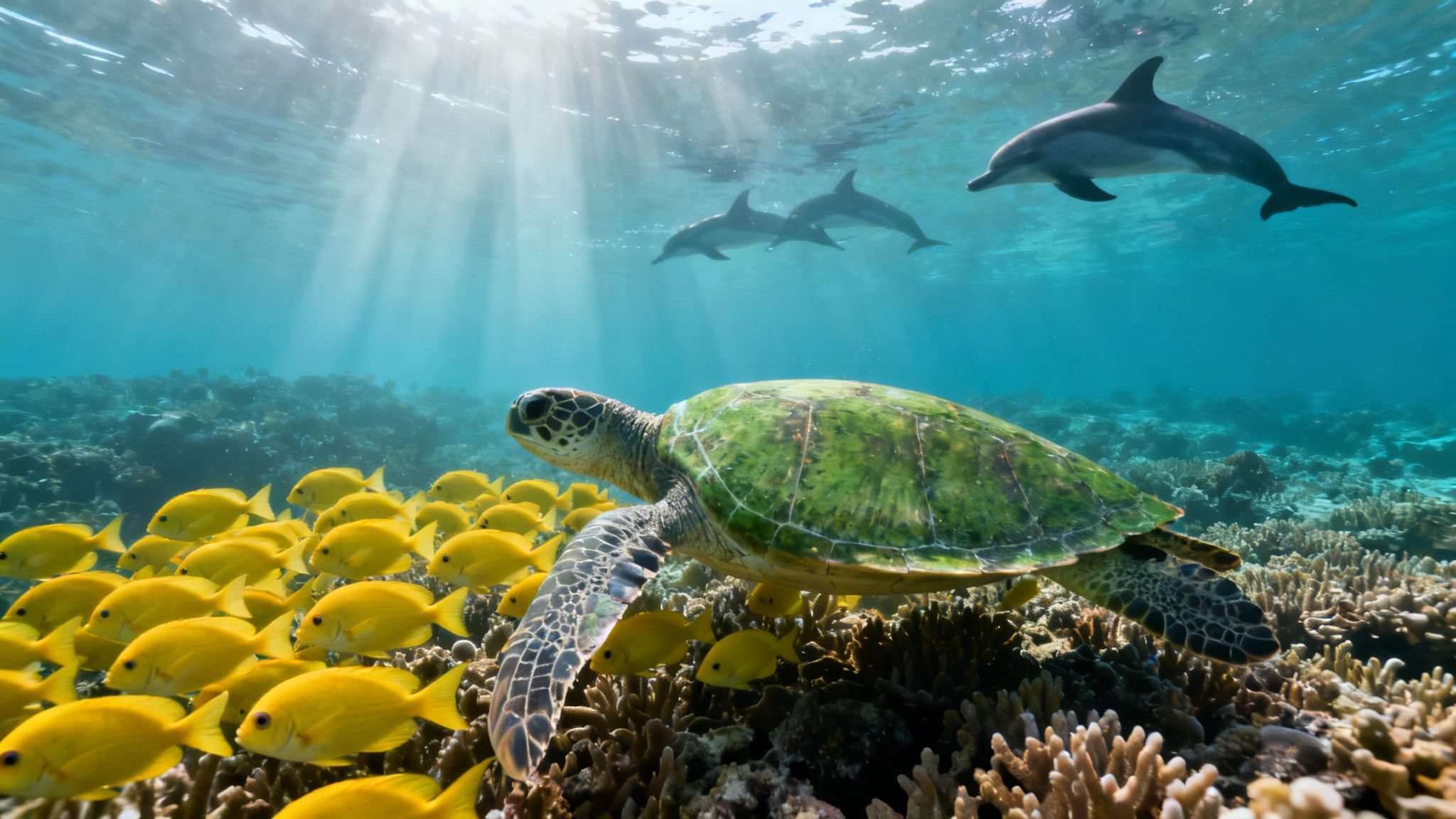 A vibrant underwater scene with a sea turtle, school of yellow fish, and dolphins swimming in sunlit ocean.