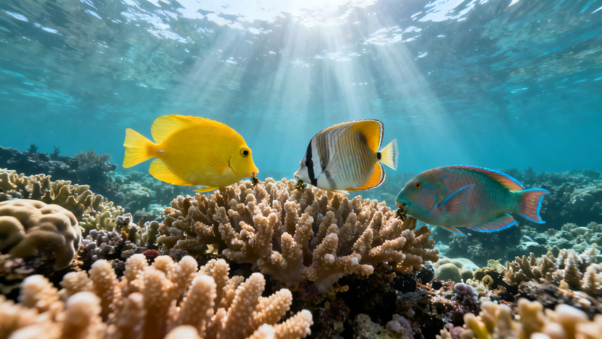 Three colorful fish, including a yellow tang and a butterflyfish, swimming over a vibrant coral reef.