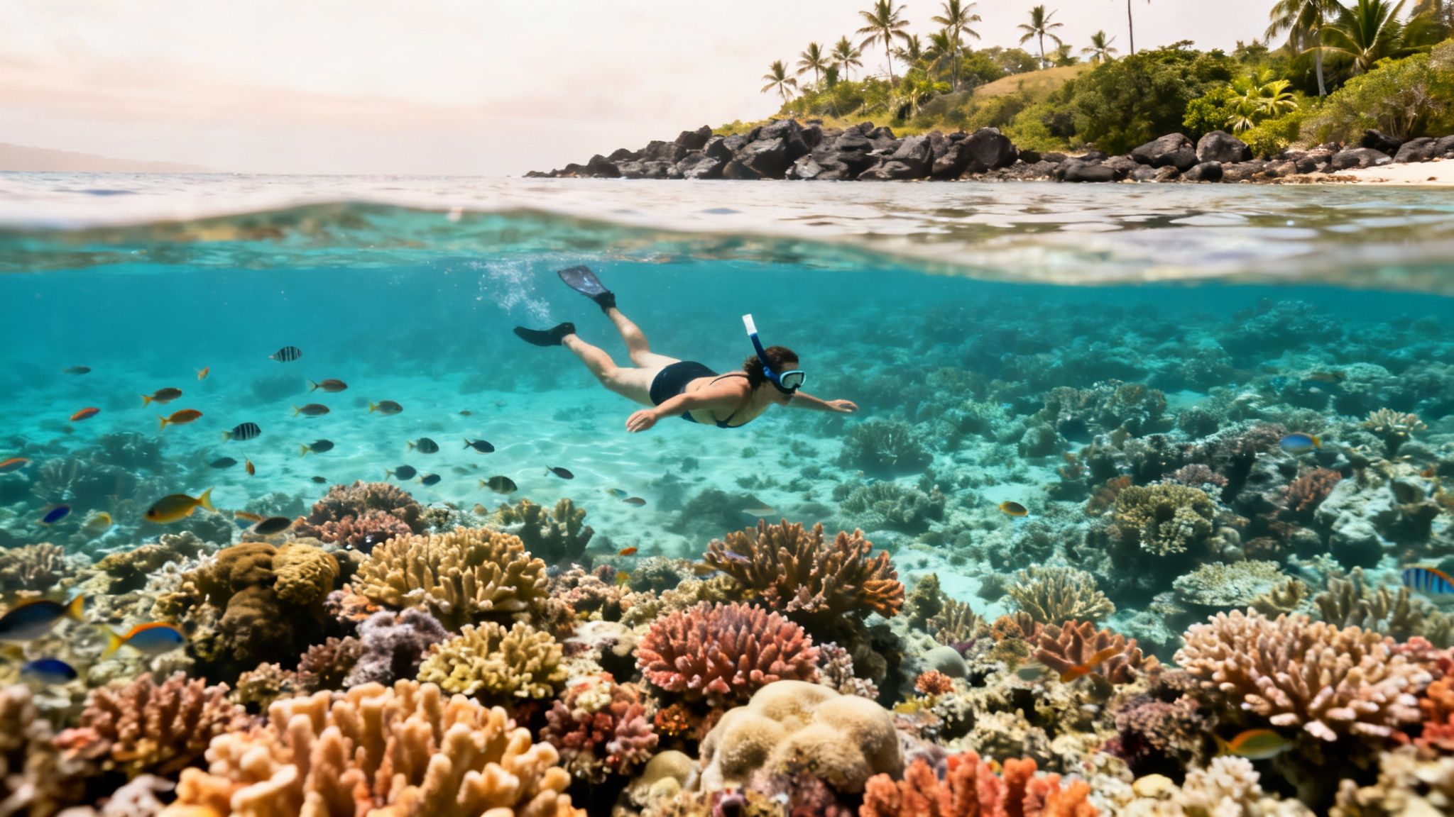 A serene split-level image of a snorkeler exploring a vibrant coral reef, with an idyllic tropical island above.