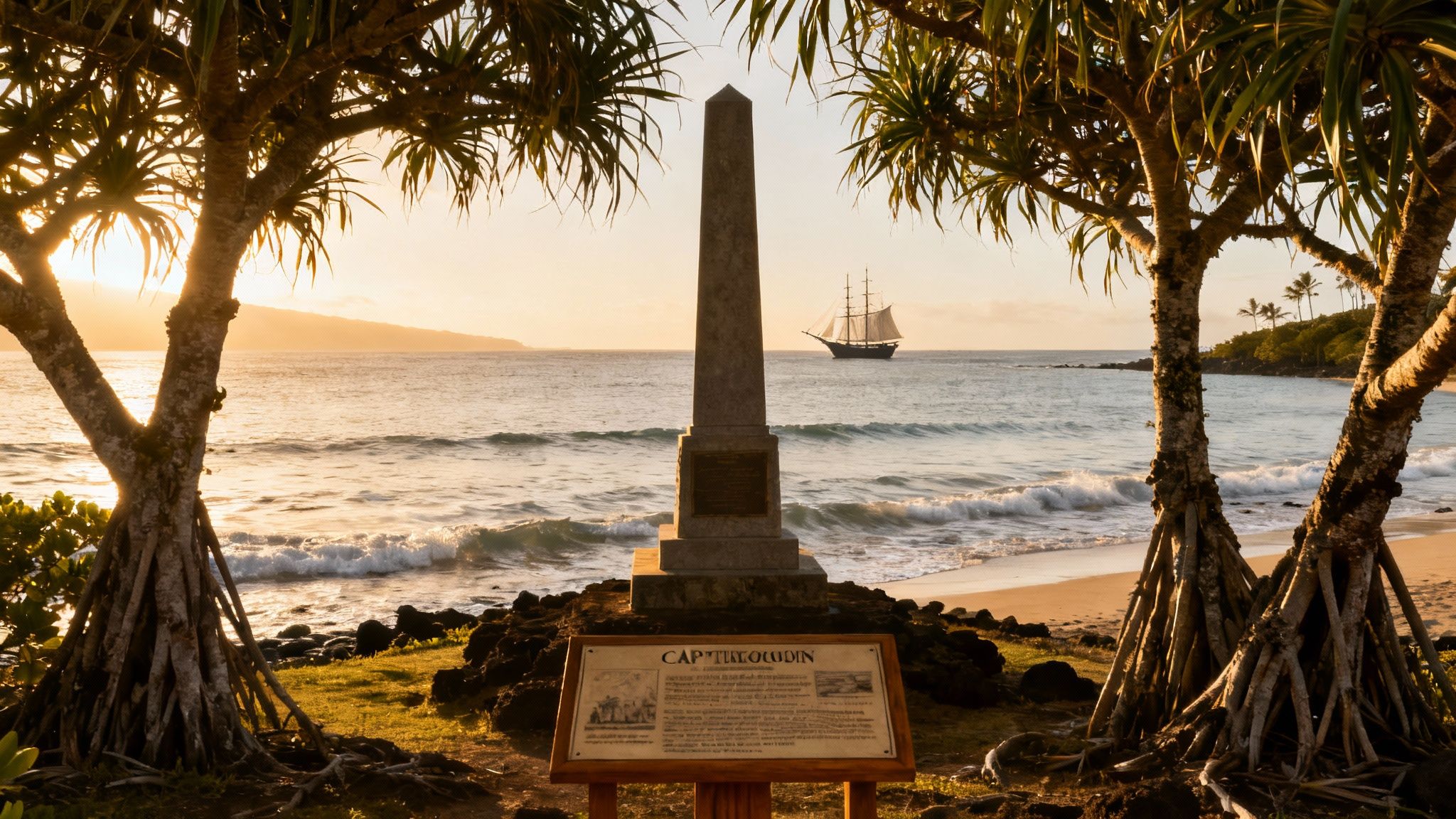 Captain Cook monument obelisk at Hawaiian beach with sailing ship at sunset