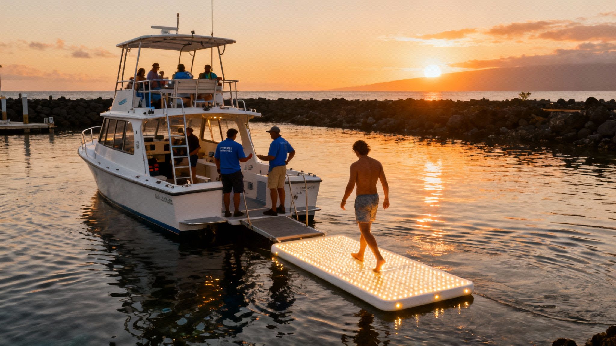 Boat tour at sunset with a person walking on a unique lighted floating mat in Hawaii.