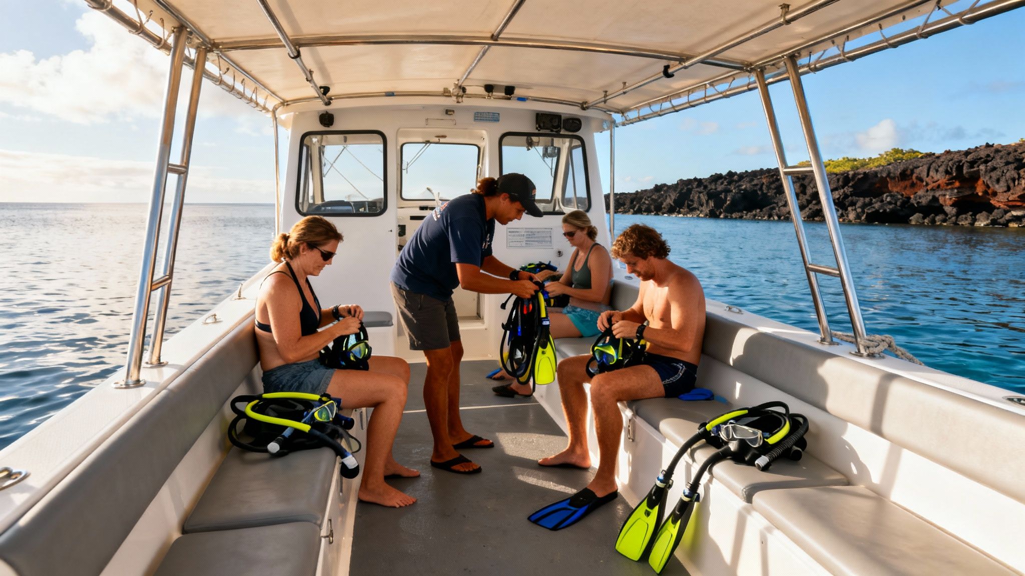 People on a boat with a guide preparing snorkeling gear near a rocky coastline.