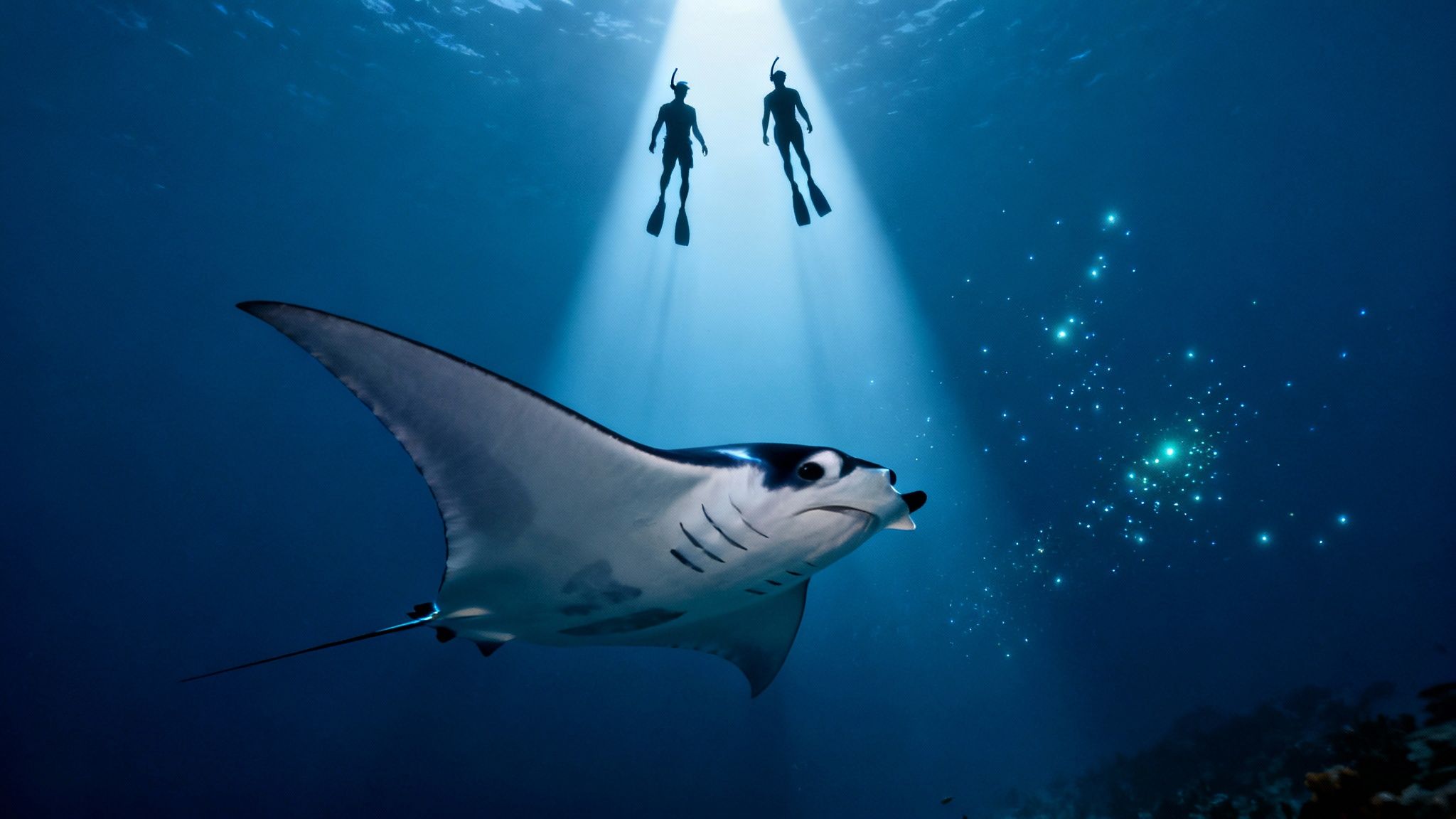 Two snorkelers watch a majestic manta ray gliding in sunlit blue ocean waters.