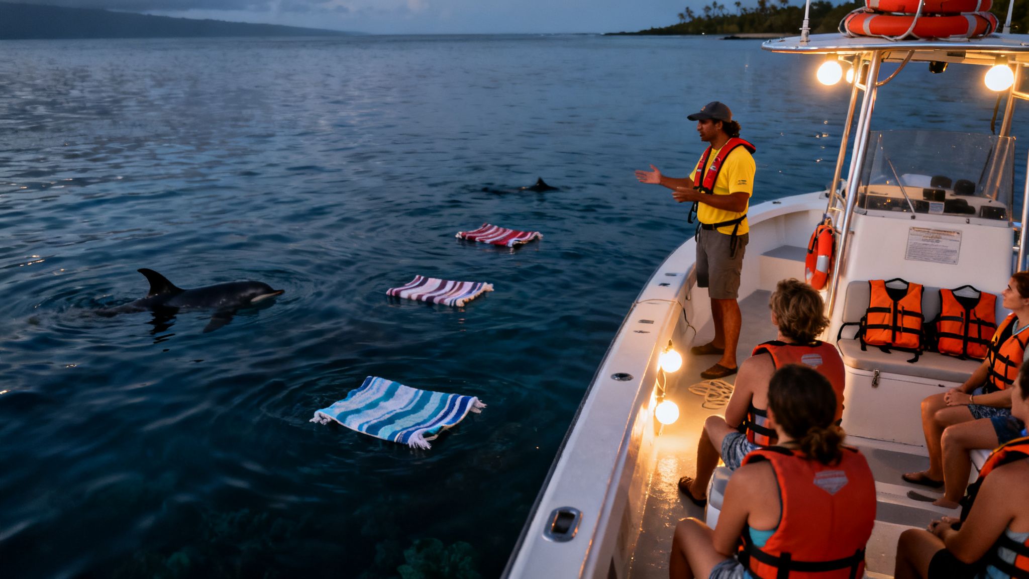 People on a boat with a guide observing dolphins at dusk, with striped mats floating.