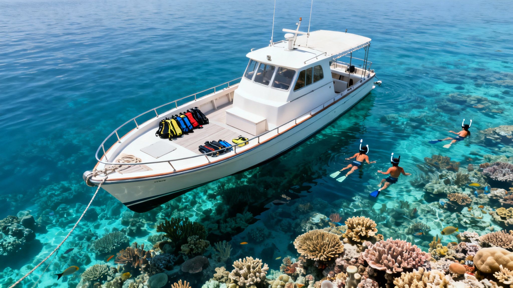 An aerial view of a boat anchored over a vibrant coral reef, with people snorkeling in clear blue water.