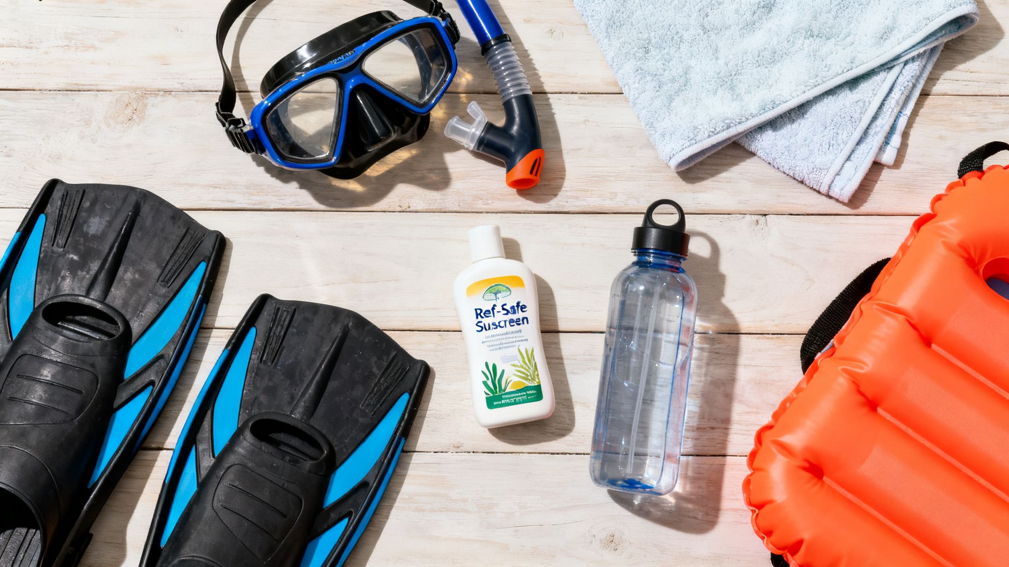 Flat lay of snorkeling gear: mask, snorkel, fins, sunscreen, water bottle, towel, and life vest.
