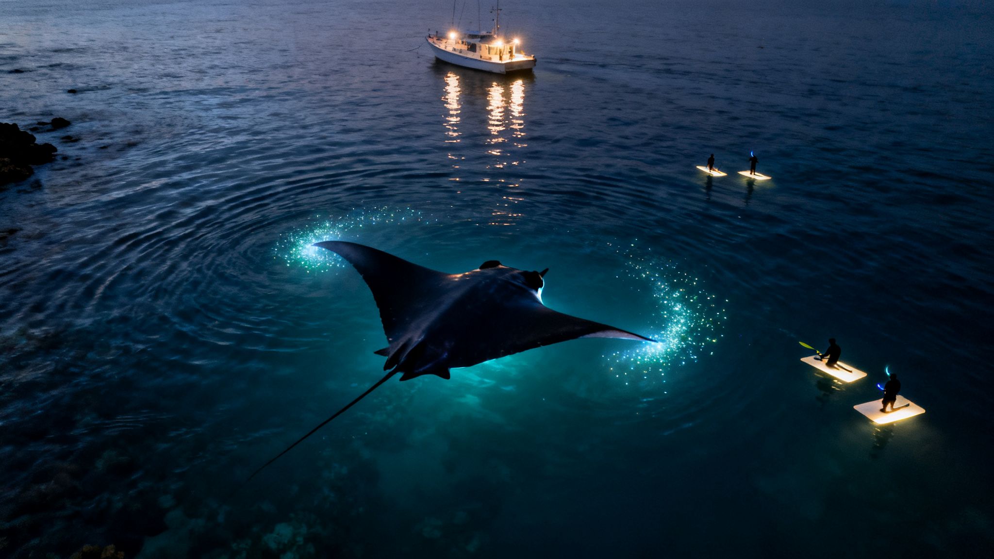 A majestic manta ray glides through luminous dark water at night, with paddleboarders and a lit boat nearby.