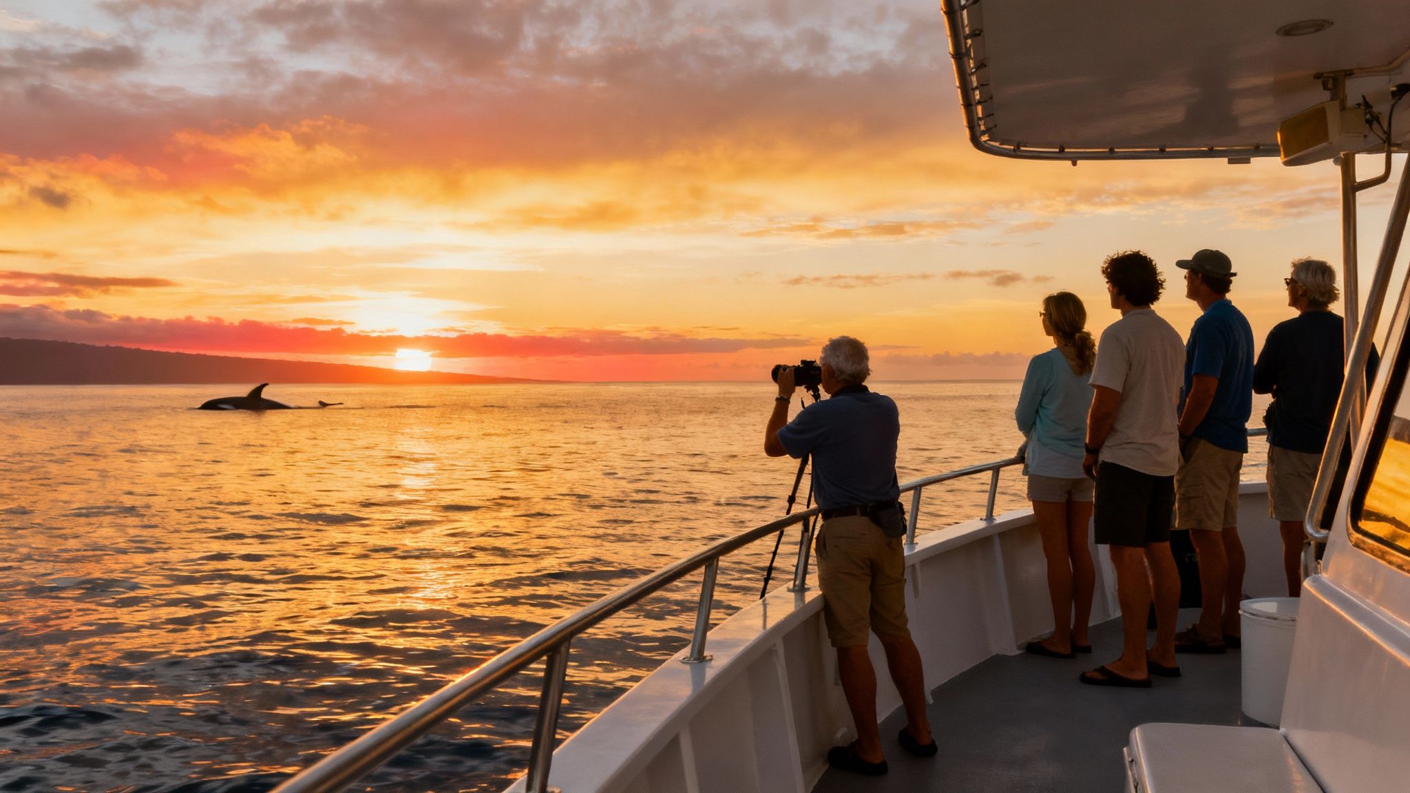 Tourists on a boat watch dolphins and a beautiful sunset over the ocean, with one person photographing.