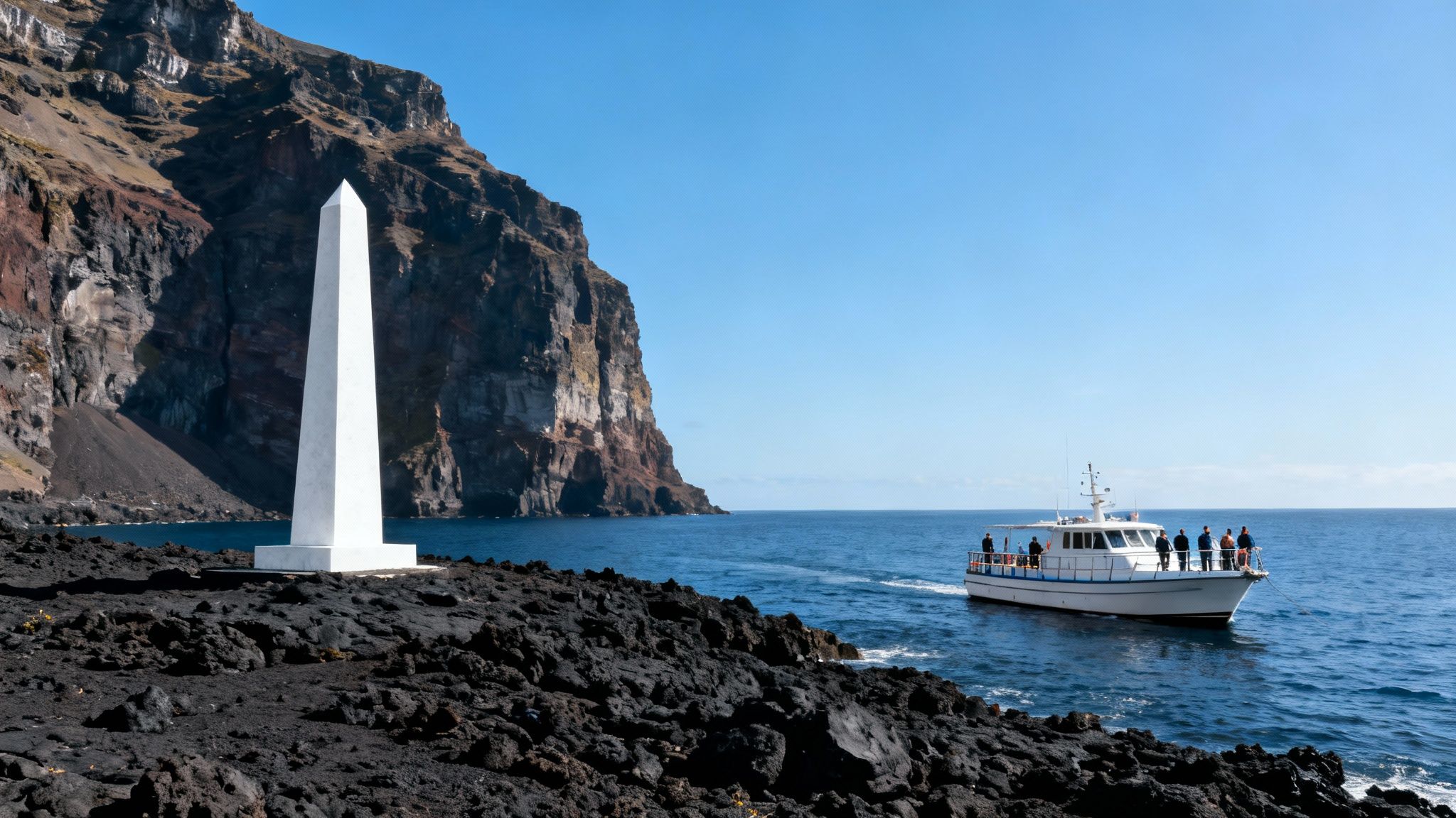 A white obelisk on a dark rocky shore with a boat on blue water and a large cliff.