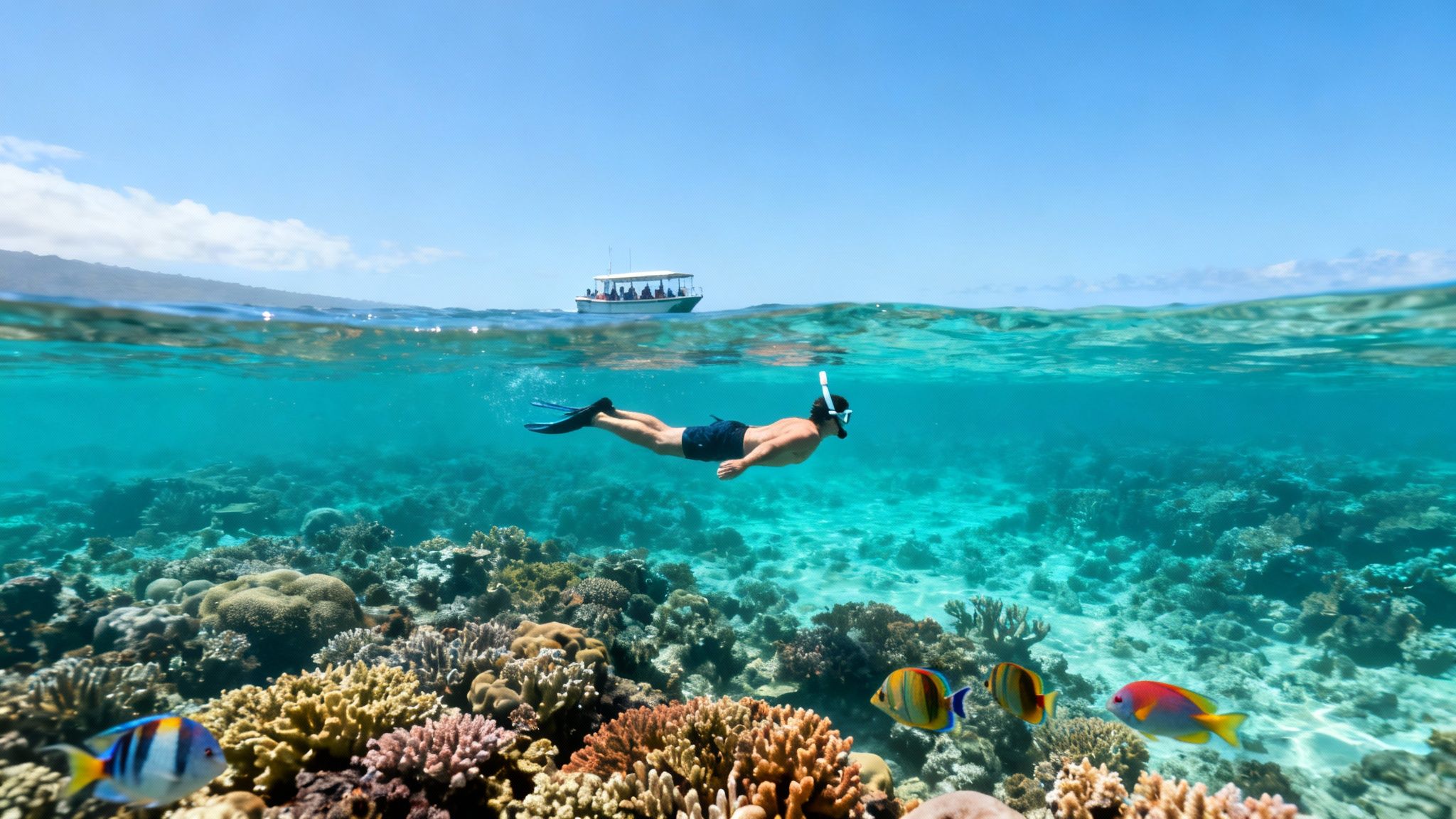 A man snorkeling above a vibrant coral reef with colorful fish in clear blue ocean water.