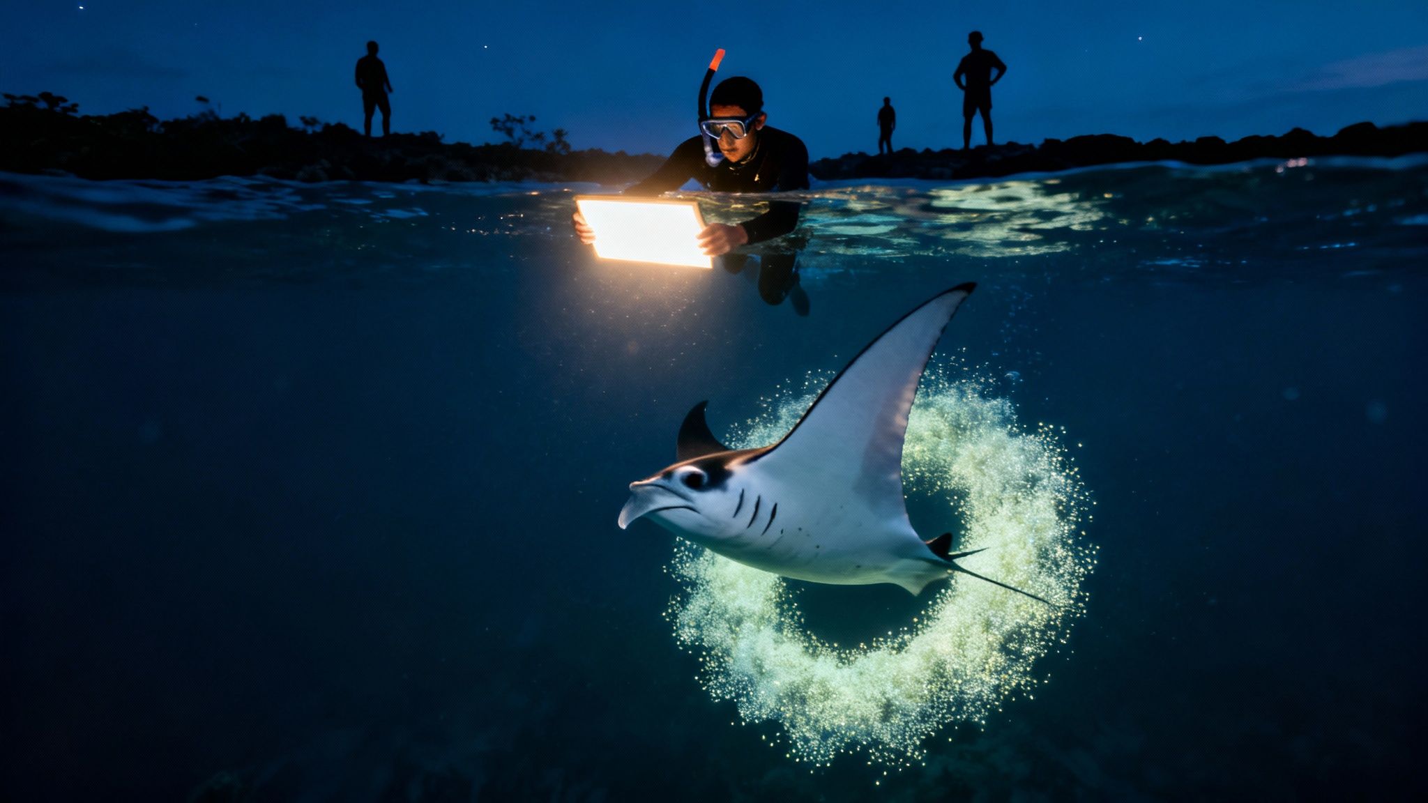 A snorkeler shines a light on a magnificent manta ray during a nighttime swim.