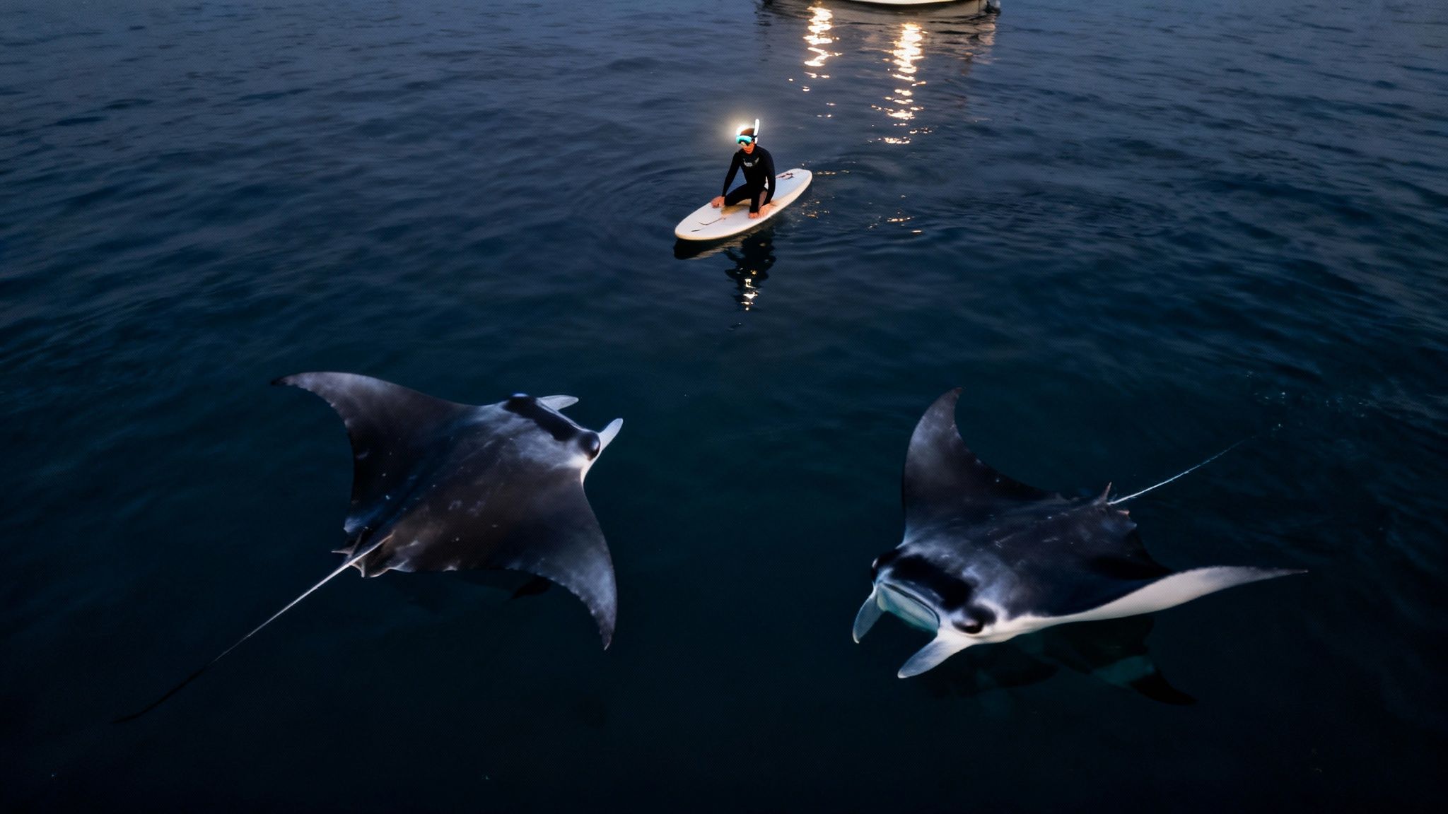 Surfer with headlamp paddling above two manta rays swimming underwater at night