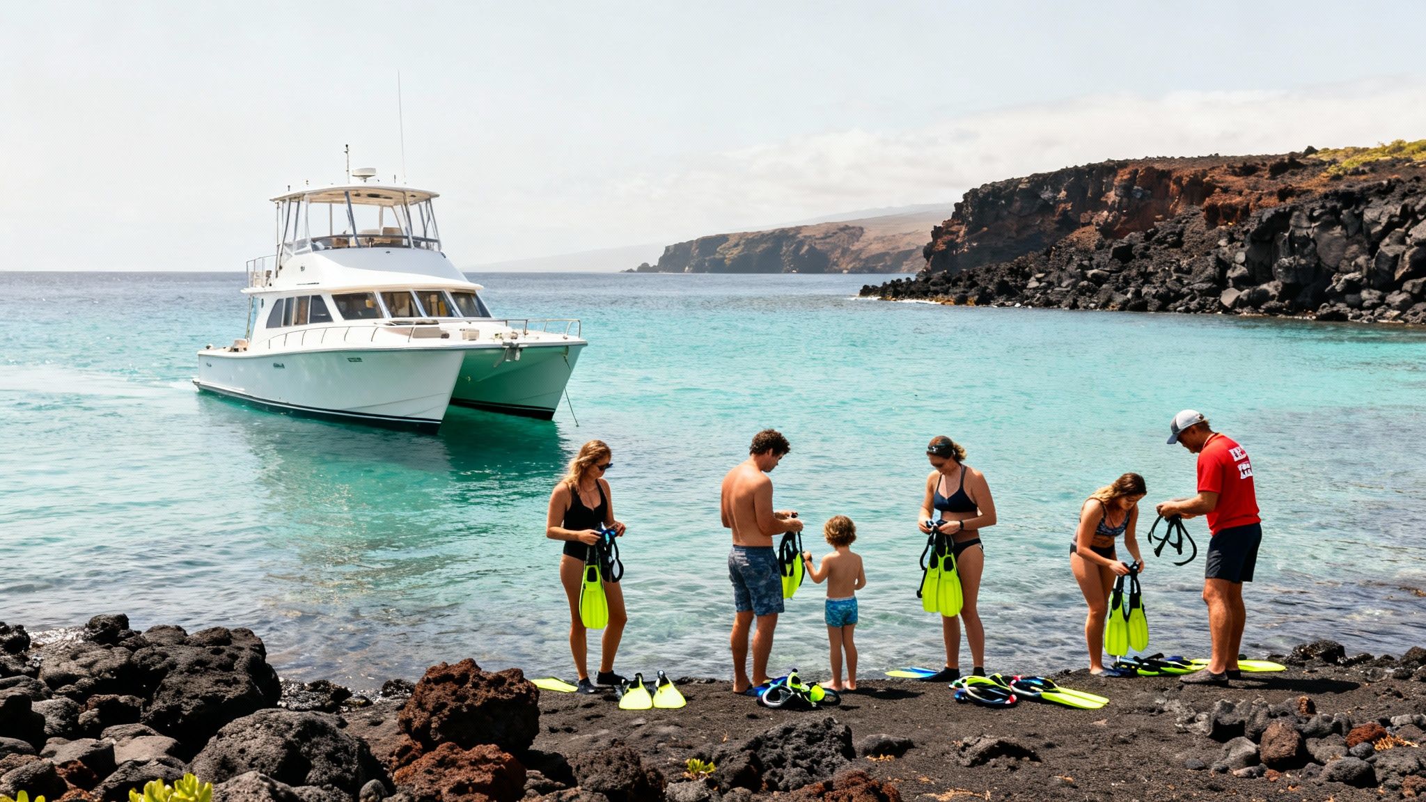 A family and guide on a rocky Hawaiian beach preparing for snorkeling by a catamaran.