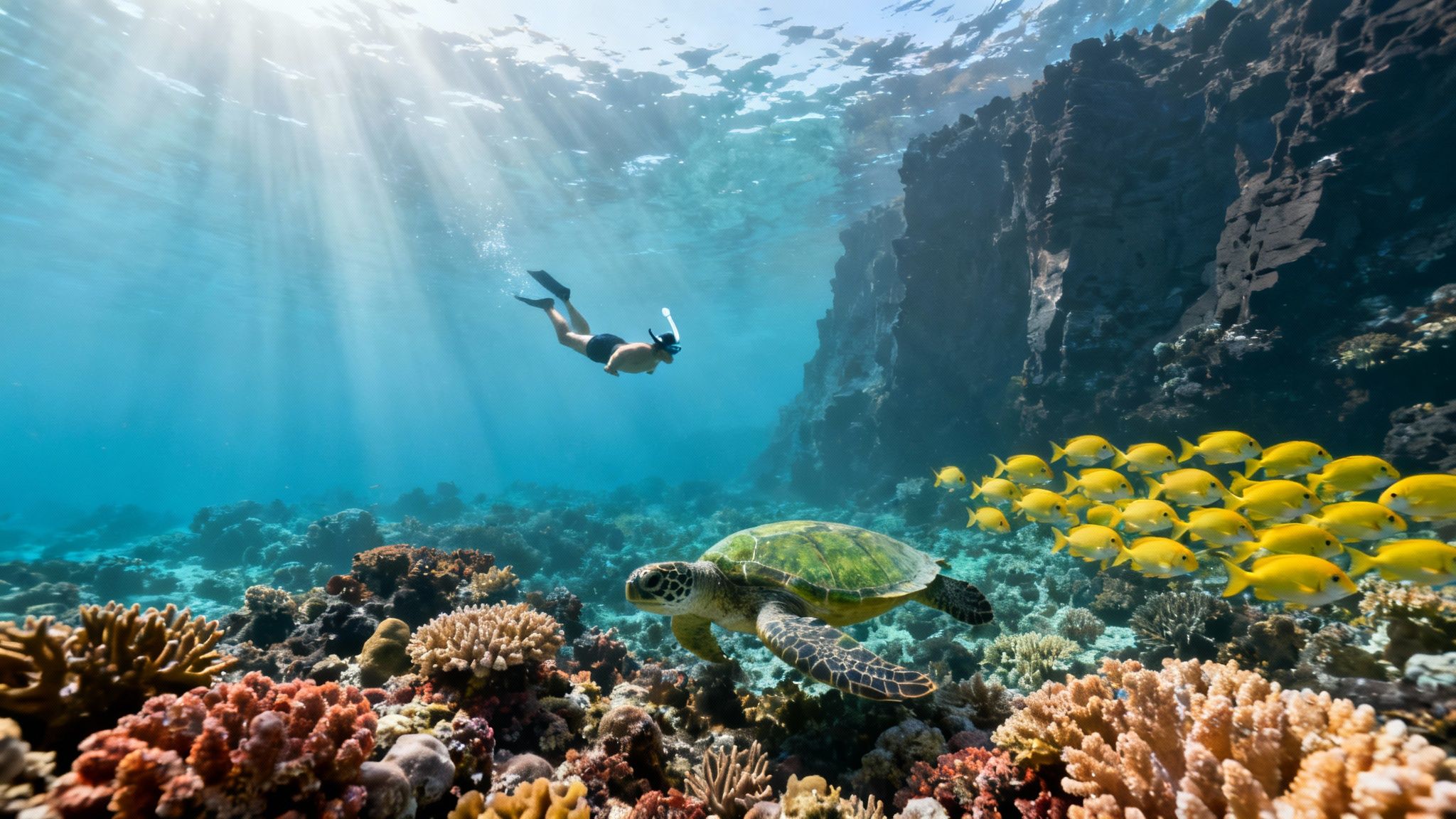 A snorkeler observes a sea turtle and a school of yellow fish swimming over a vibrant coral reef, with sun rays piercing the clear blue water.