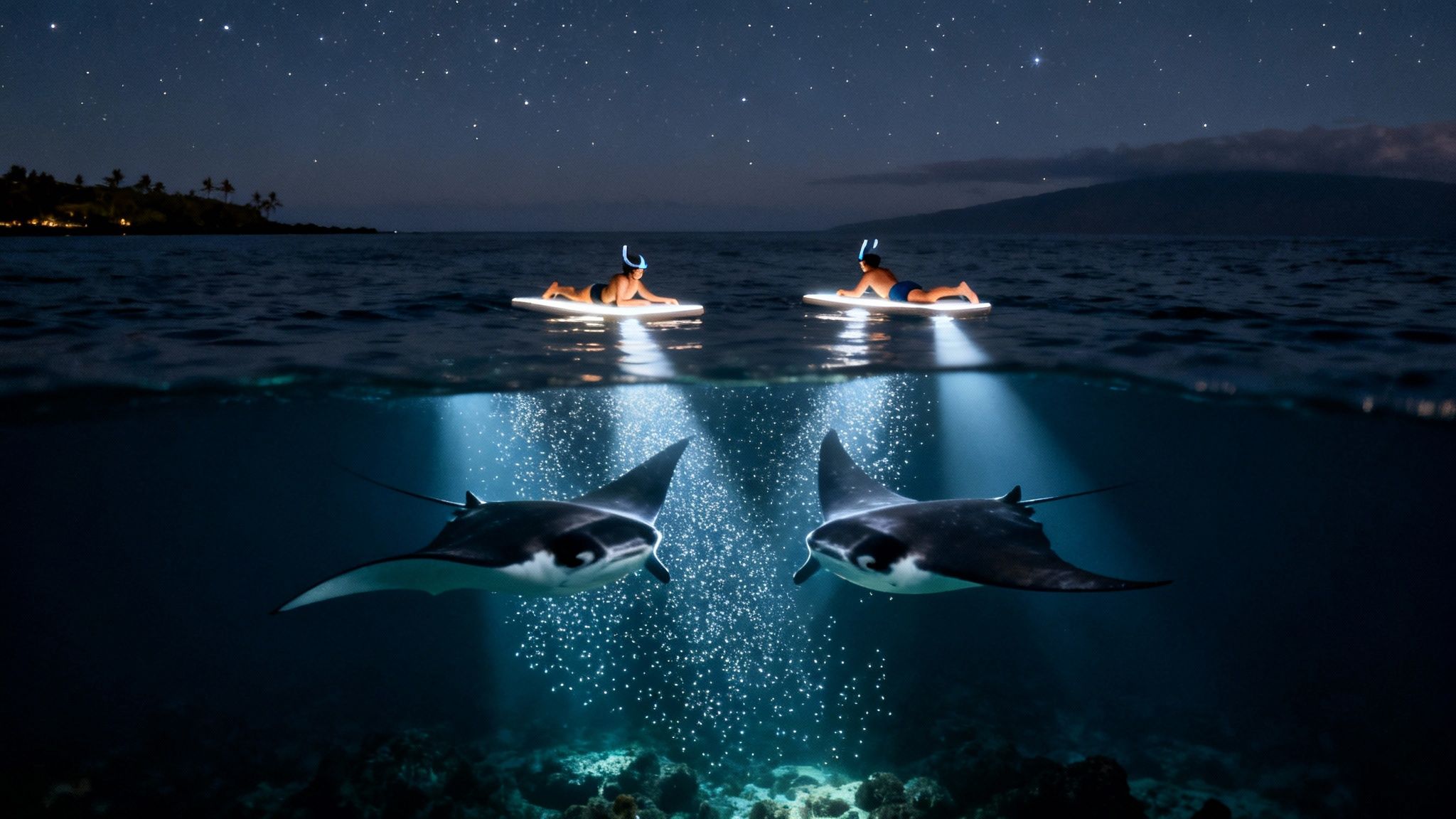 Two people night snorkeling on lighted boards, watching manta rays in the glowing ocean under a starry sky.