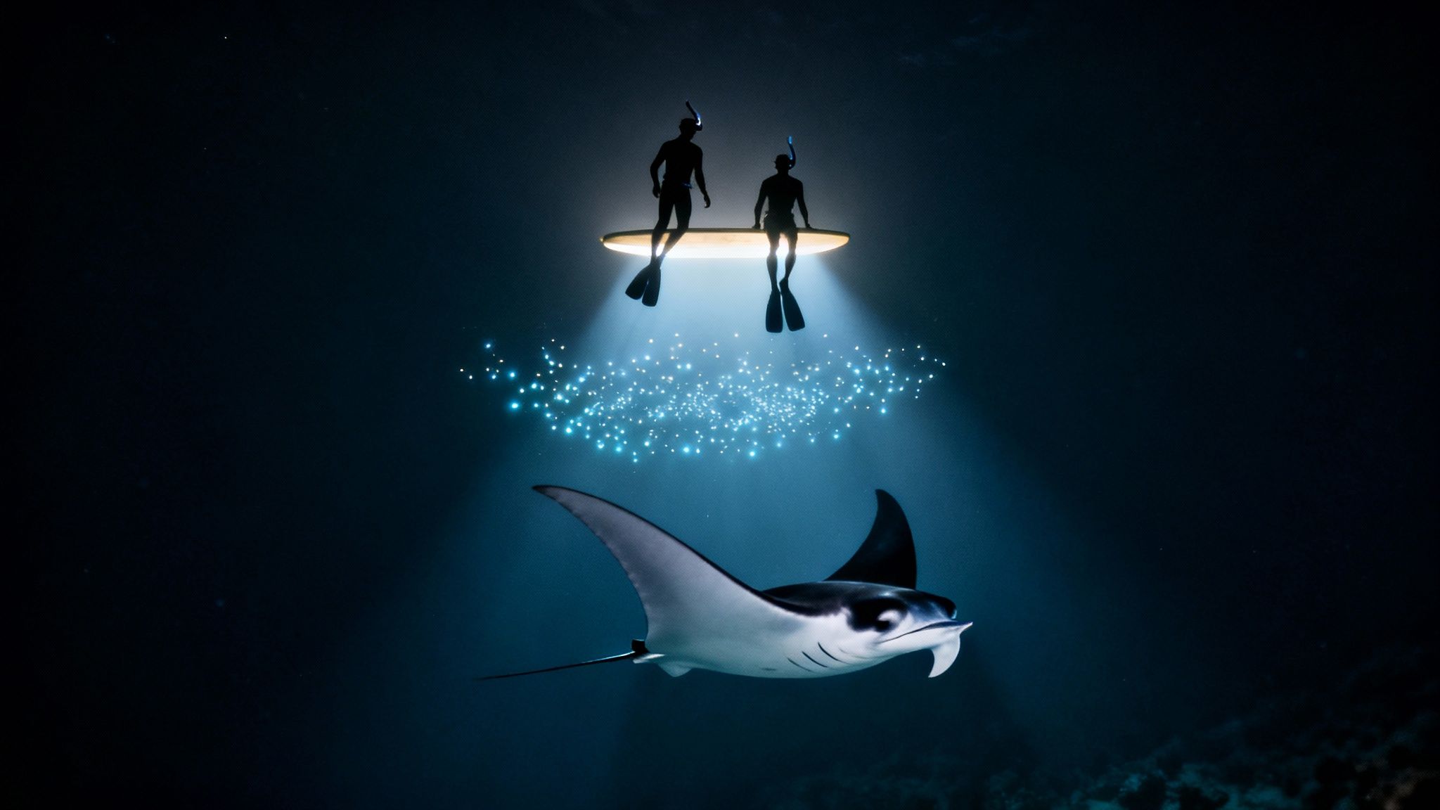 Two snorkelers on a lighted surfboard illuminate a majestic manta ray and glowing plankton underwater.