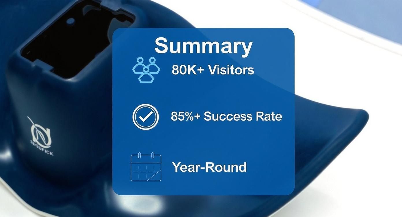 A blue summary box with icons displaying 80K+ visitors, 85%+ success rate, and year-round operation.