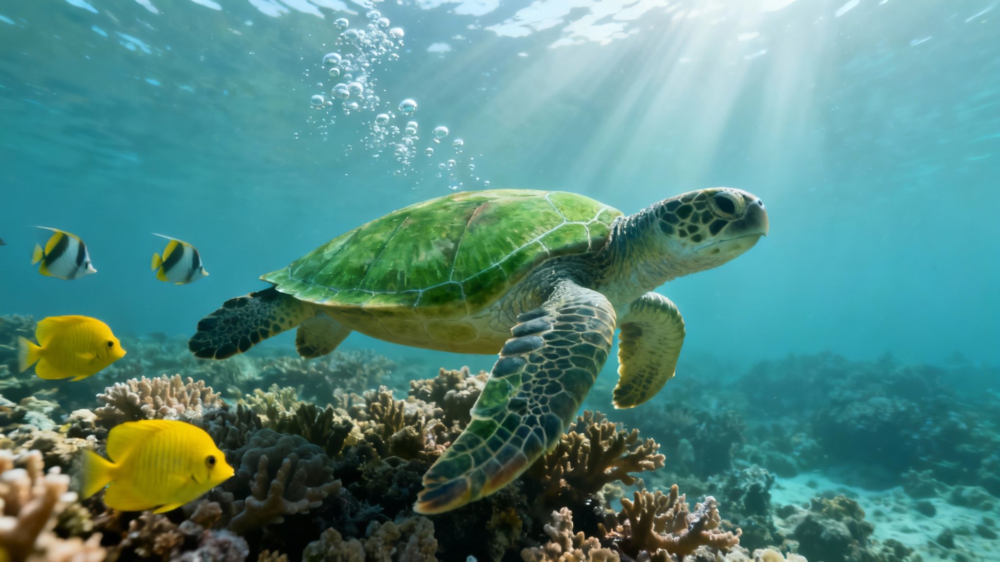 A large green sea turtle swimming gracefully over a coral reef in Kealakekua Bay.