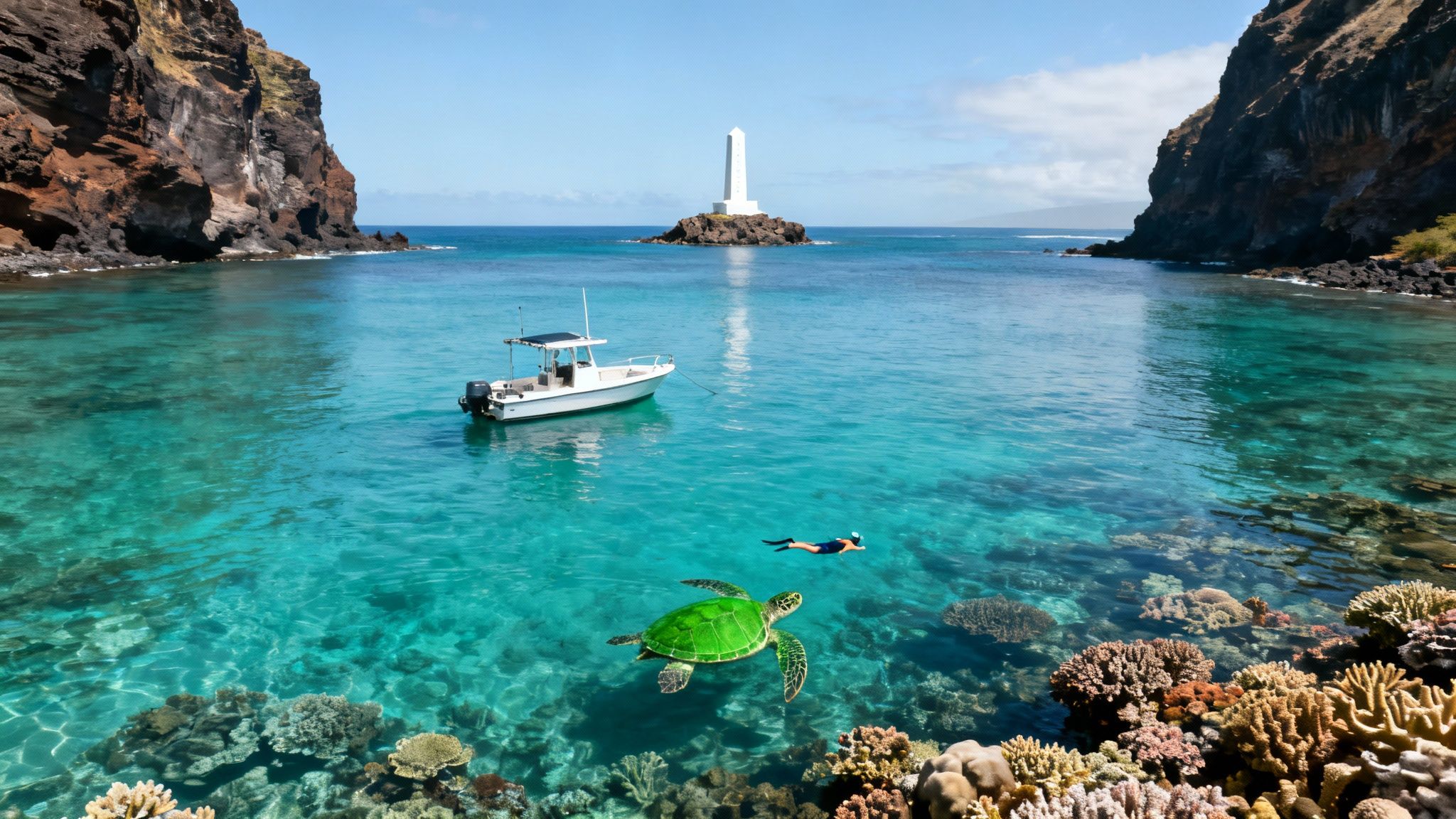 Snorkeler with a green sea turtle over vibrant coral reefs in clear turquoise water near a boat and lighthouse.