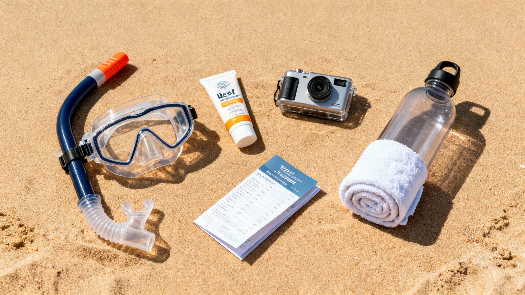 Snorkeling mask, snorkel, sunscreen, camera, water bottle, and papers laid out on a sandy beach.
