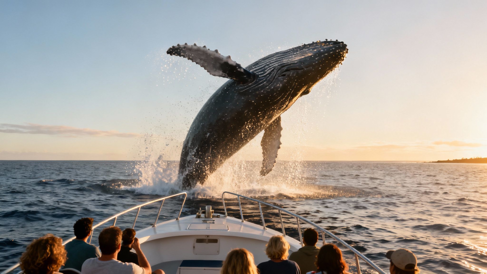 Humpback whale breaching near tour boat during Kona whale watching excursion at sunset