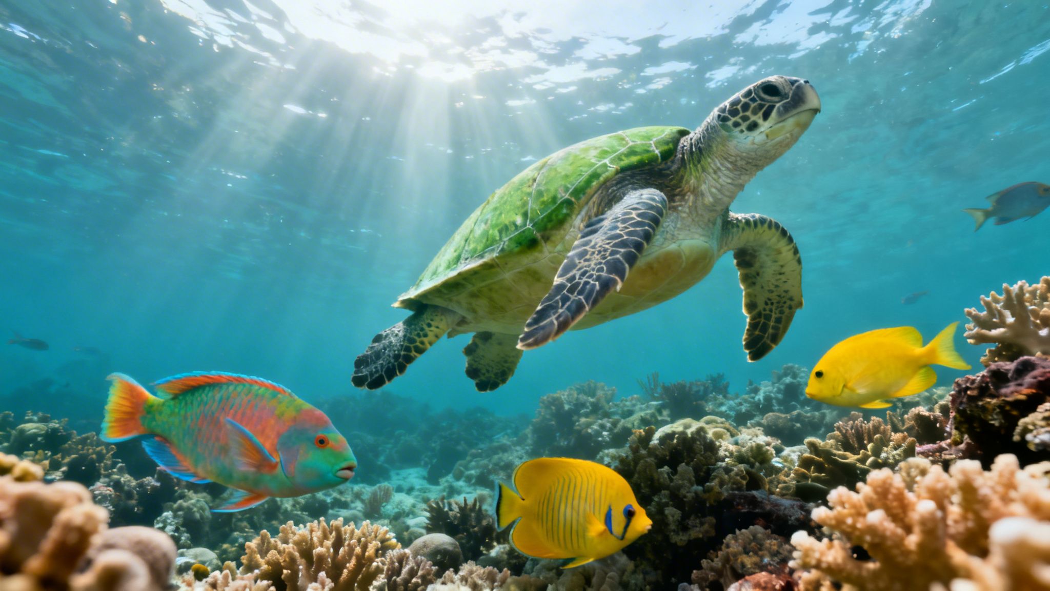 Green sea turtle swimming near colorful coral reefs and fish in clear blue water.