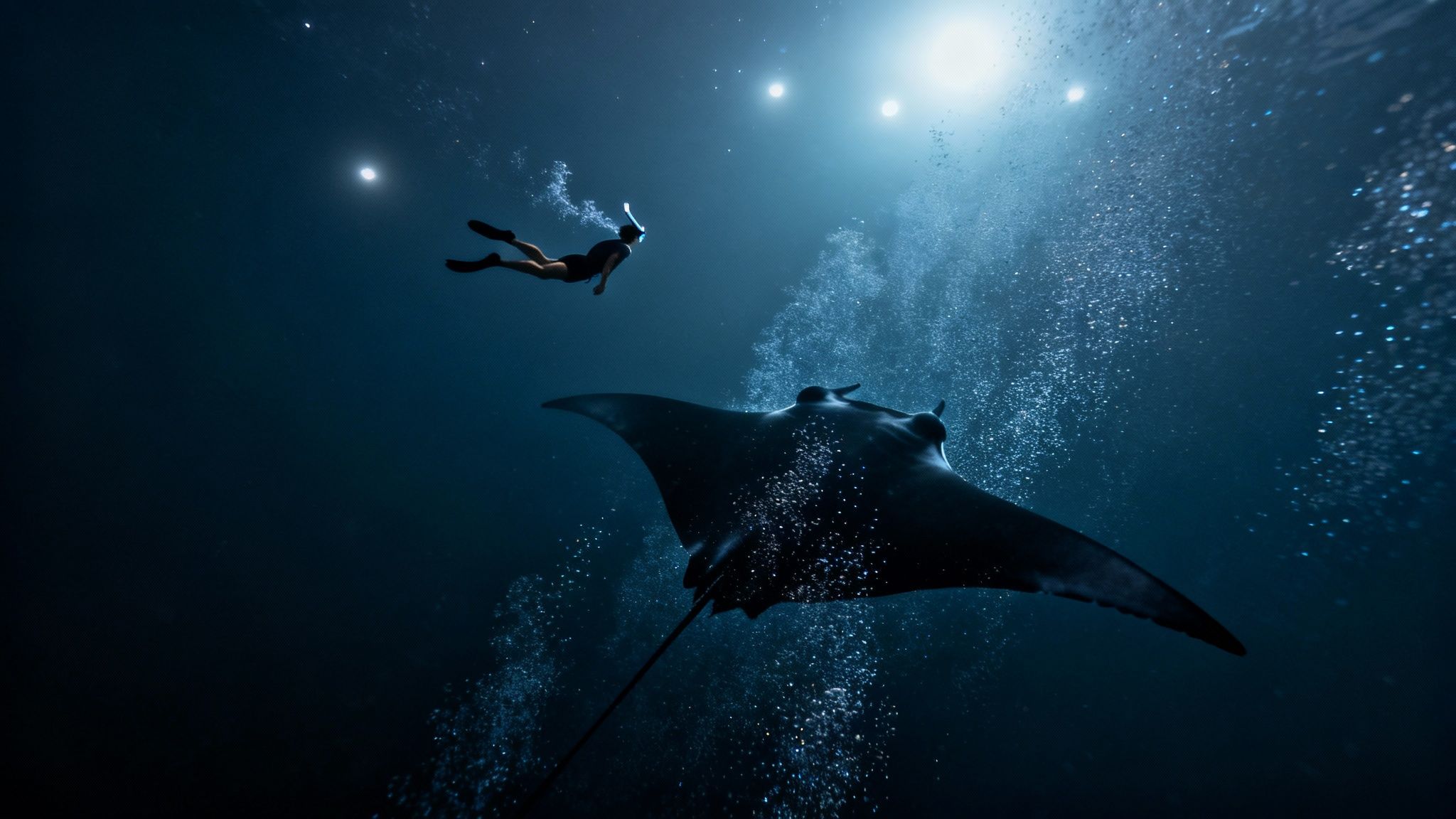 A giant manta ray gracefully swims under a snorkeler at night, illuminated by bright lights.