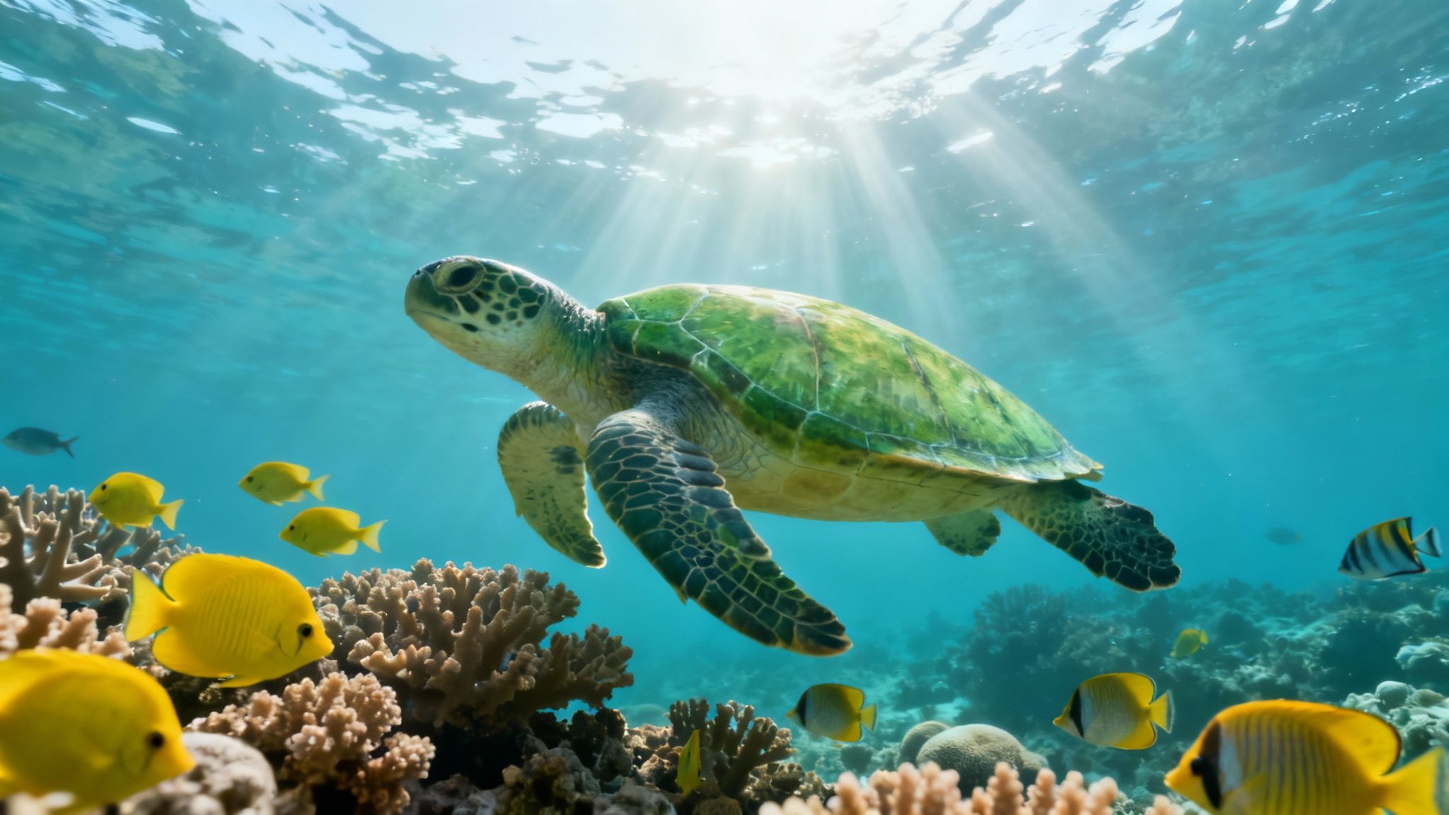 Colorful tropical fish swimming over a healthy coral reef in clear blue water.